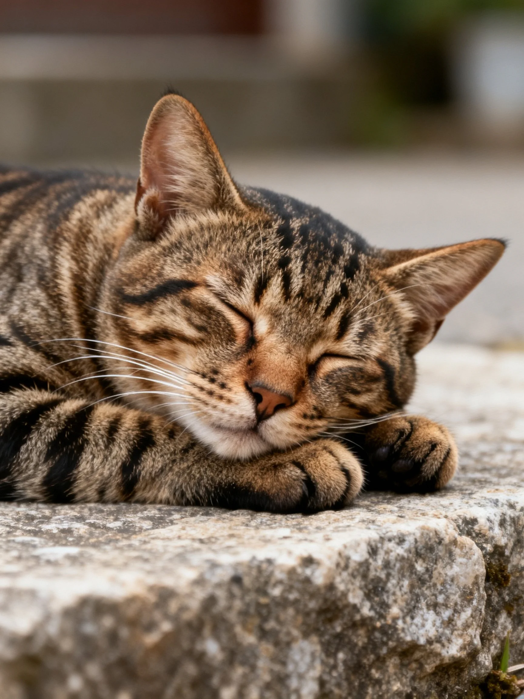 A tabby cat sleeps quietly on a stone ledge