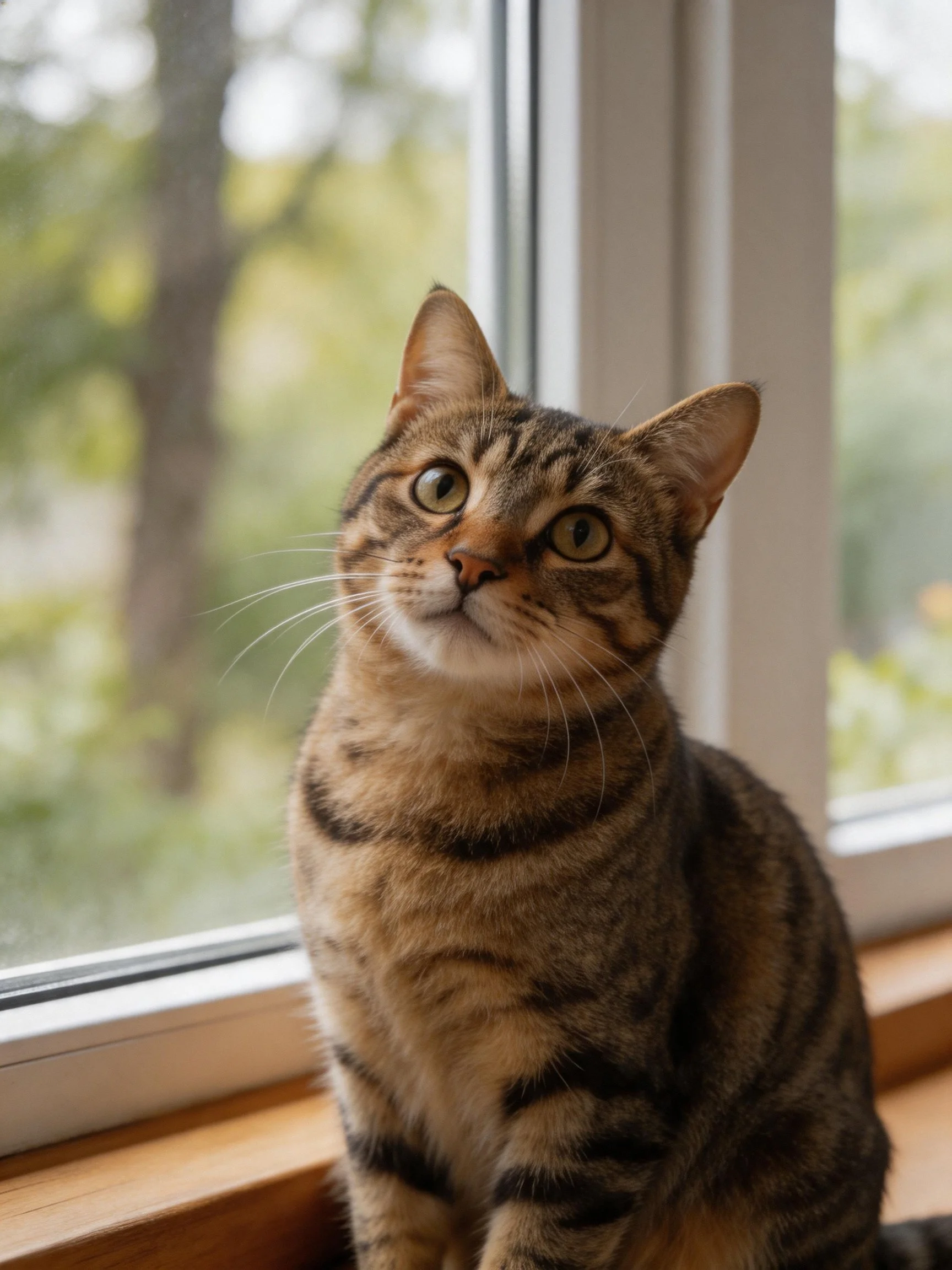 A tabby cat sits near a window overlooking green foliage.
