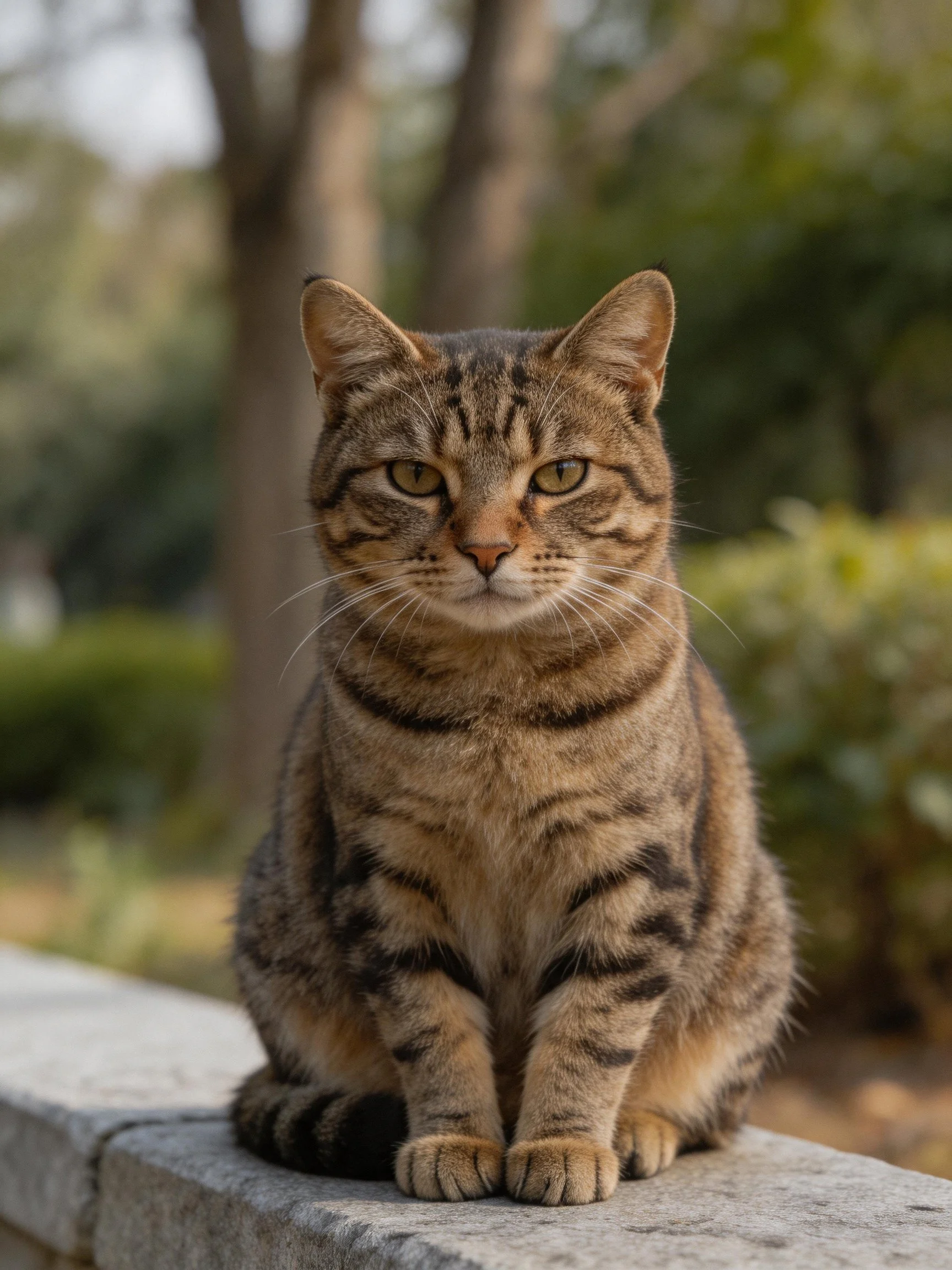 A brown and black striped cat sits calmly on a stone ledge in a natural outdoor environment.