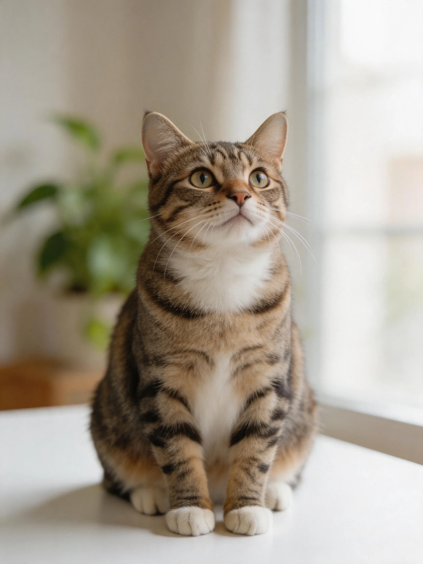 A brown and black striped cat sits calmly on a white surface near a bright window.