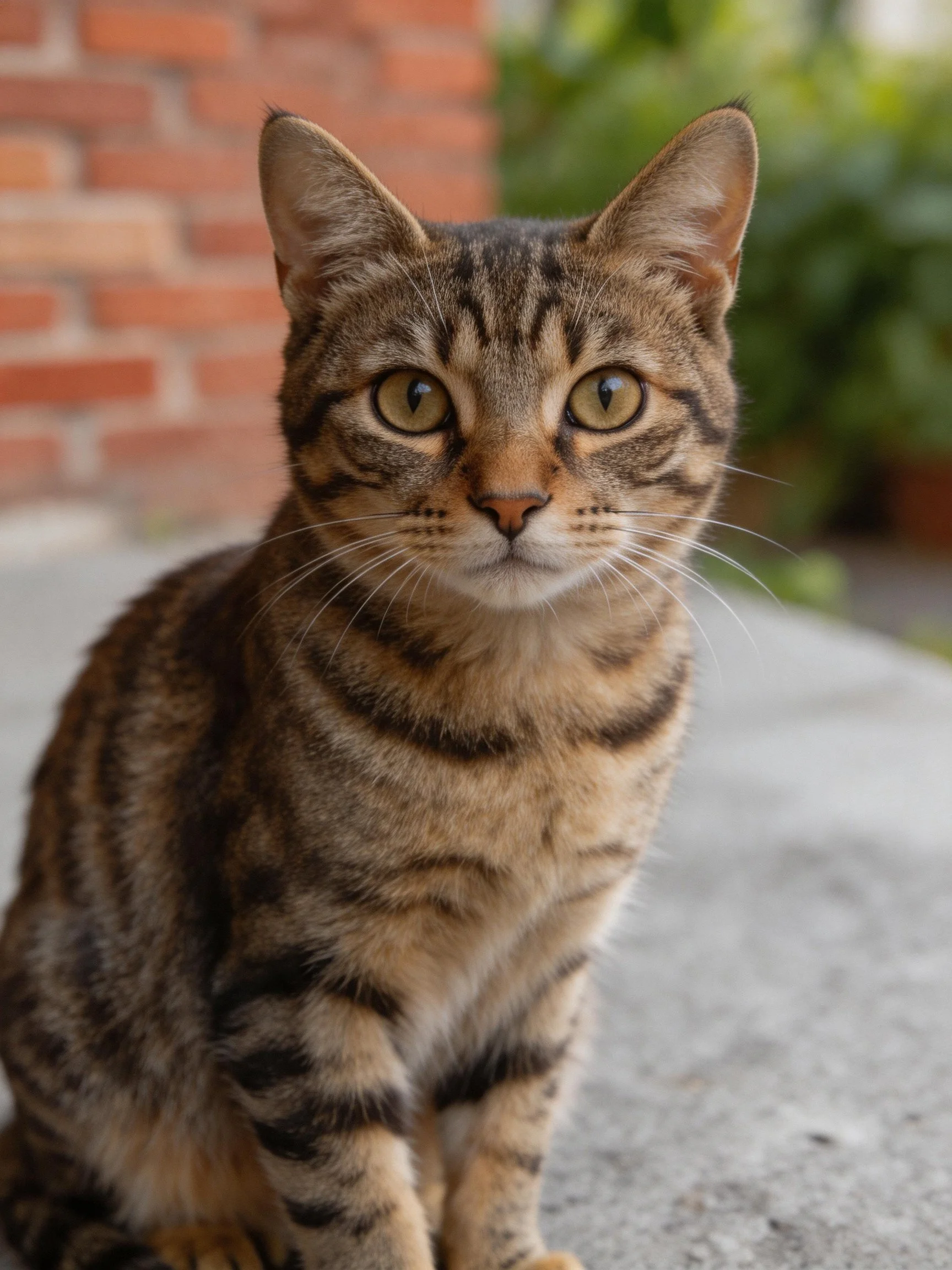 A brown and black striped cat sitting near a brick wall