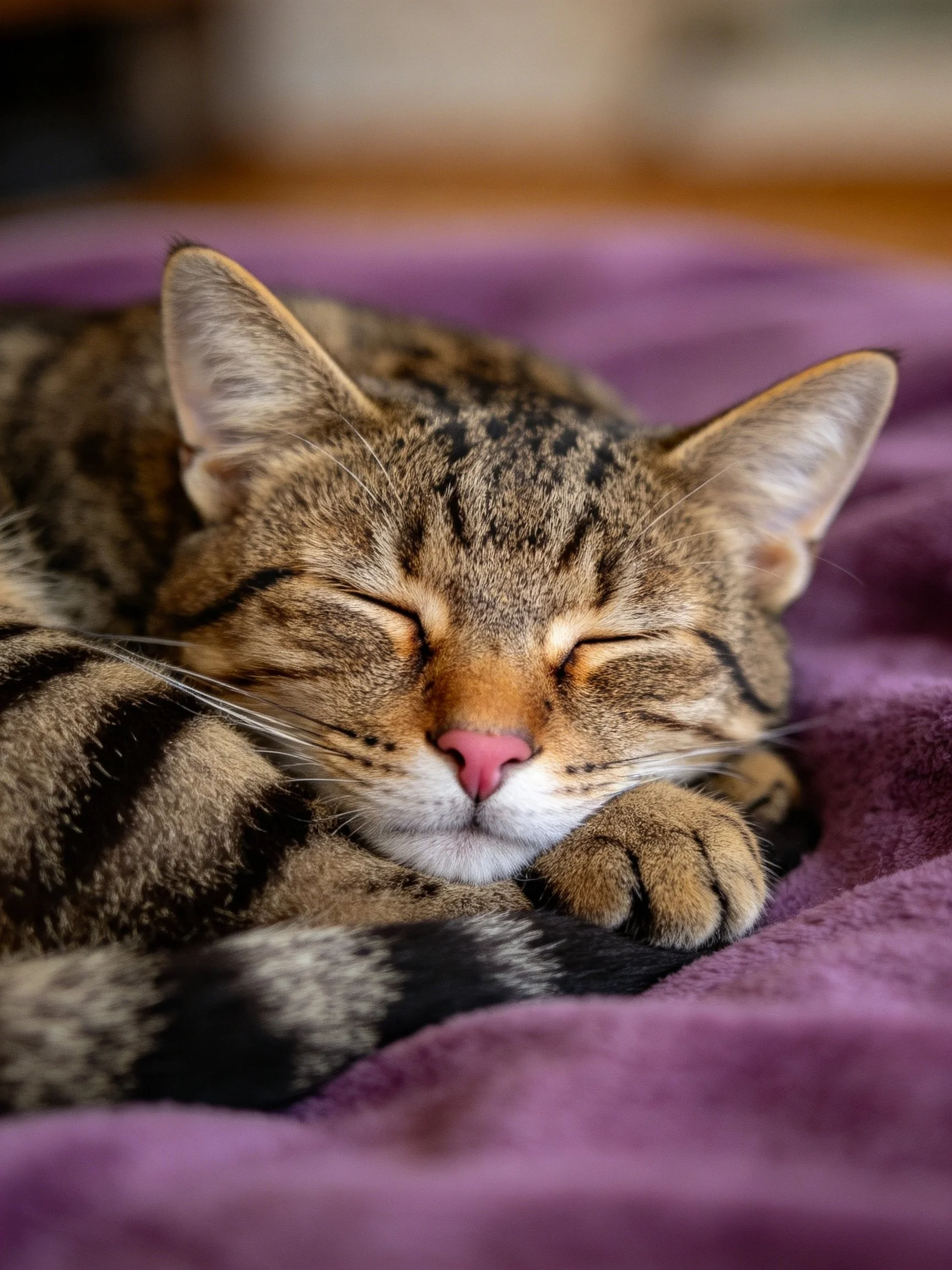A tabby cat rests comfortably on a purple blanket.