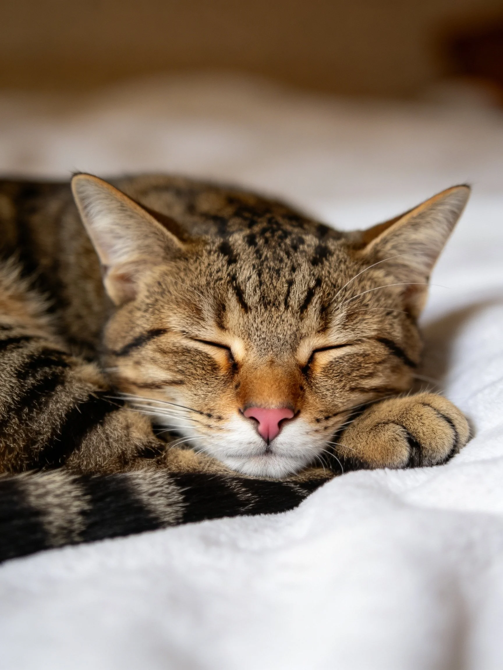 A tabby cat sleeps peacefully on a white surface.