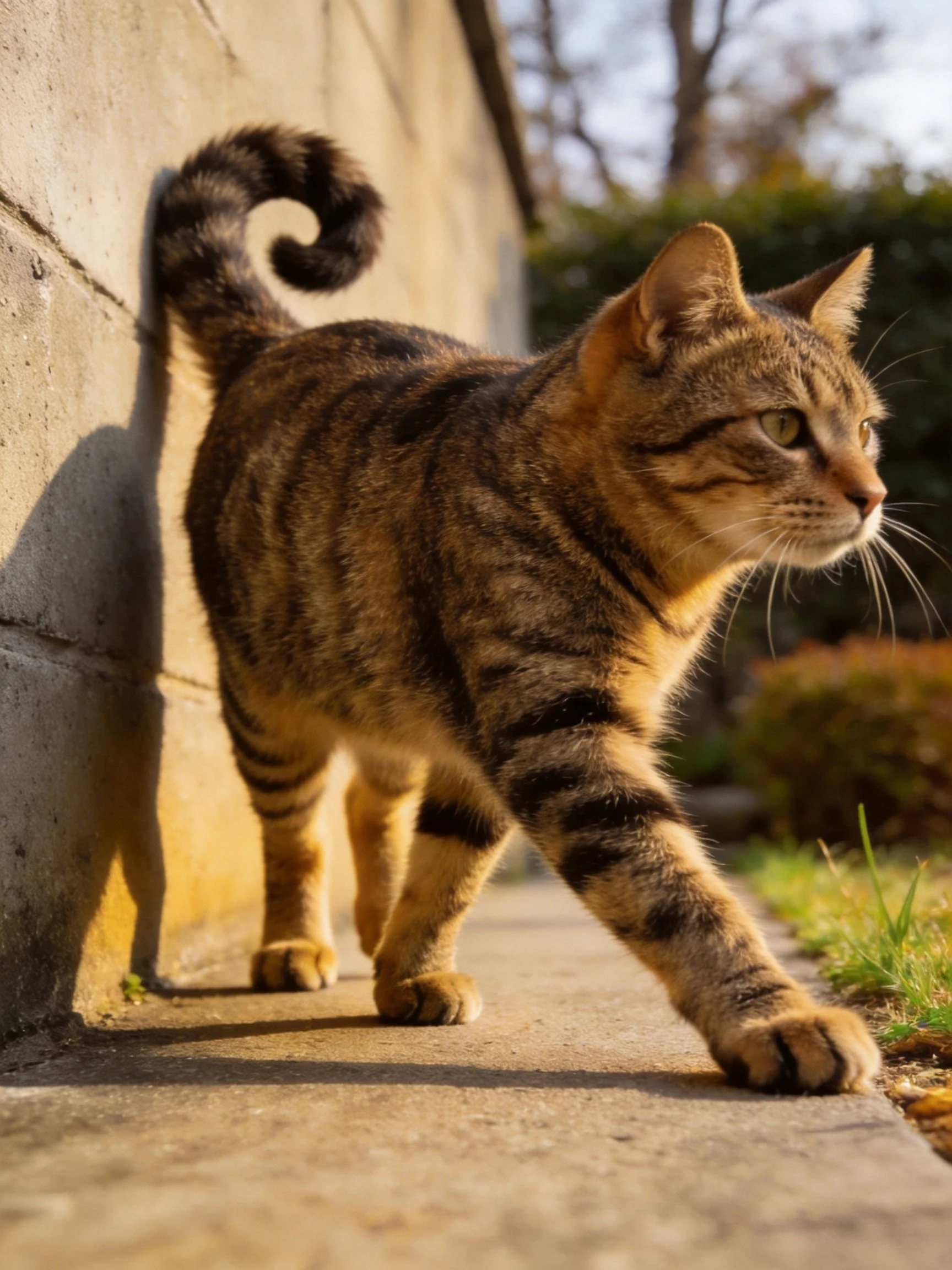 A brown and black striped cat explores a concrete path next to a stone wall.