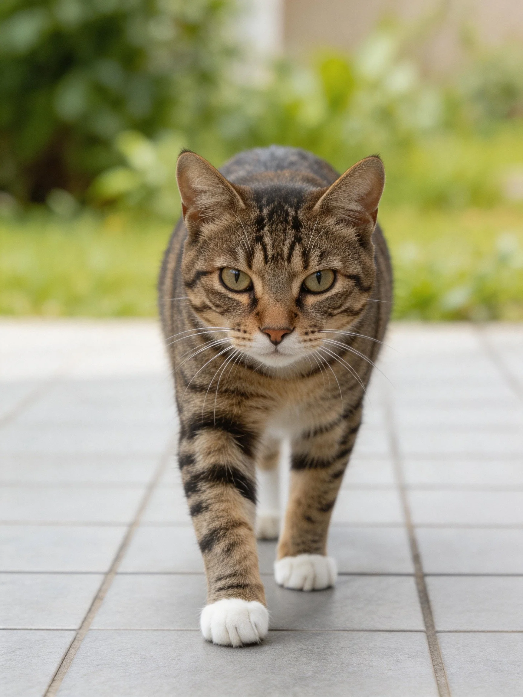 A tabby cat with brown and black markings approaches on tiled pavement.