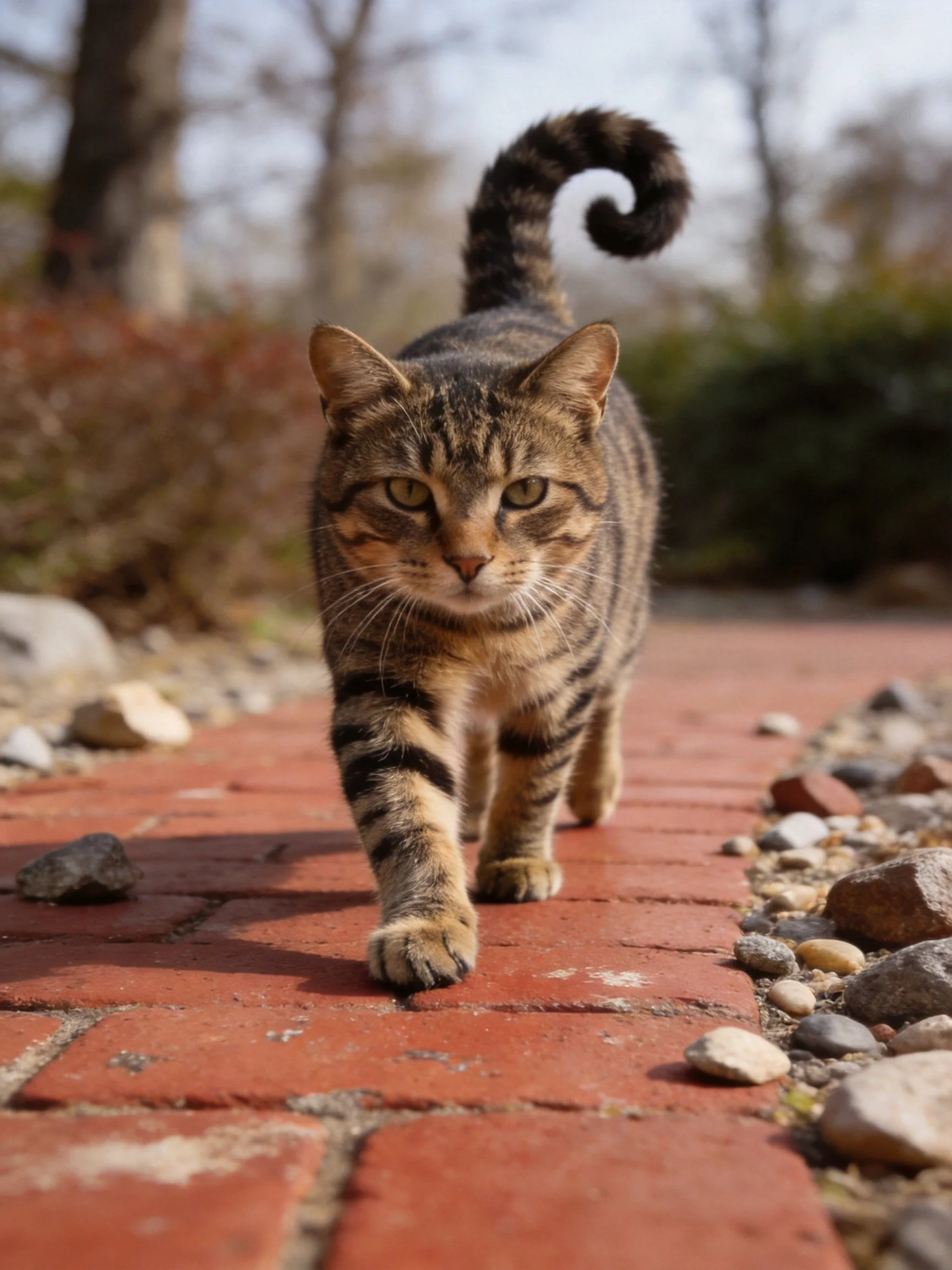 A tabby cat walks forward on a red brick path