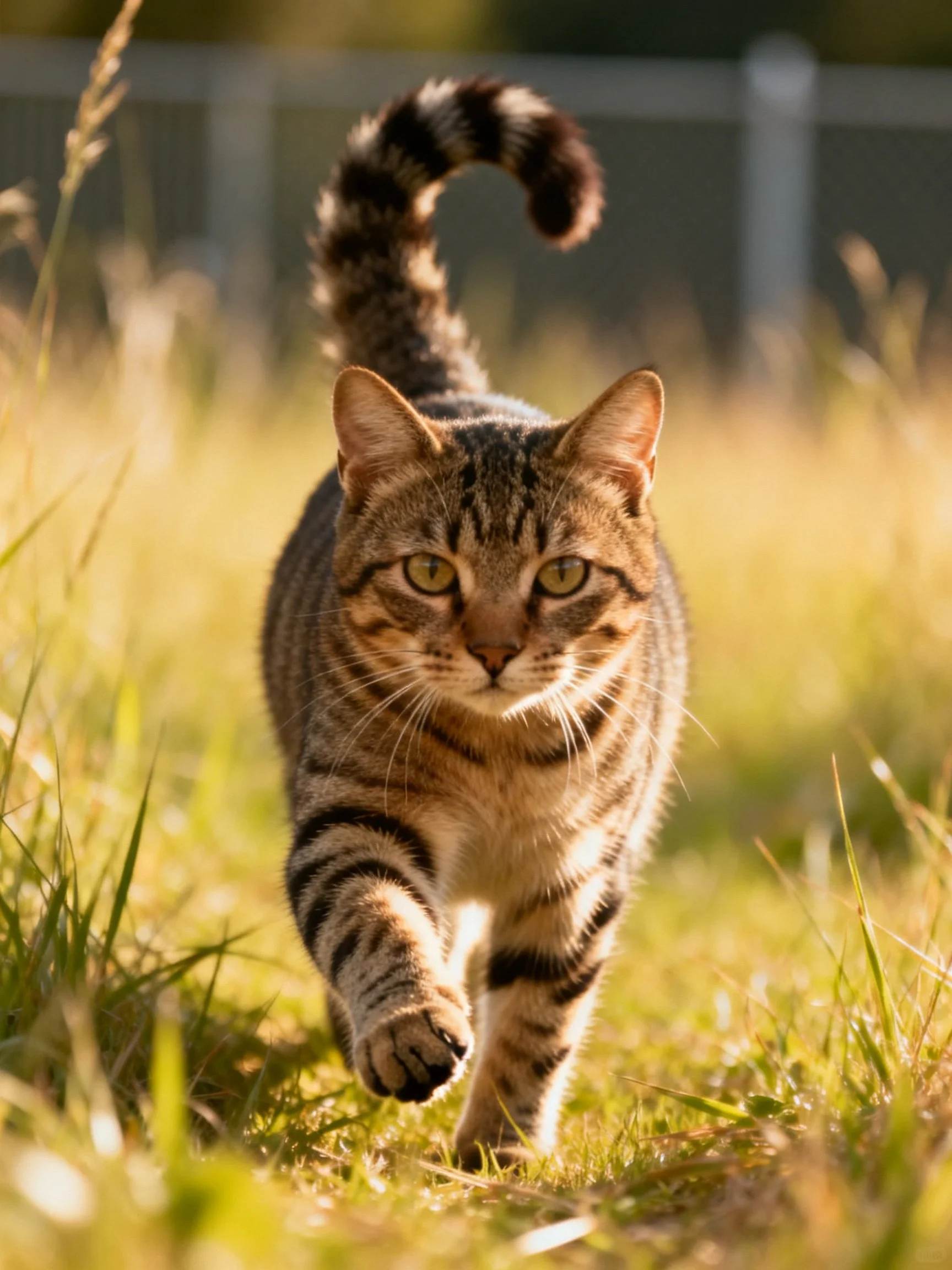 A brown and black striped cat moves through tall grass in a sunlit environment.