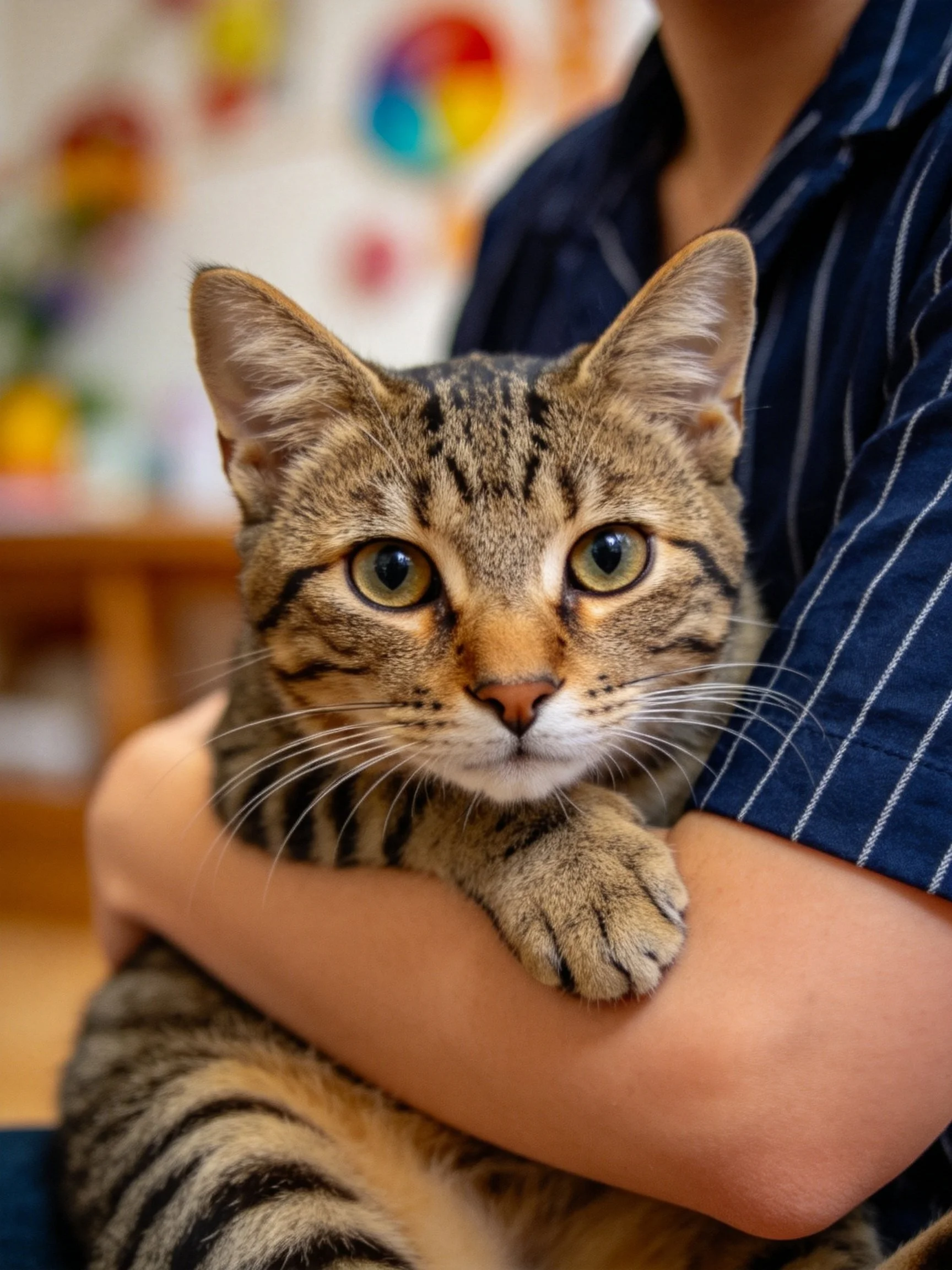 A tabby cat with distinct stripes is held by a person wearing a striped shirt.