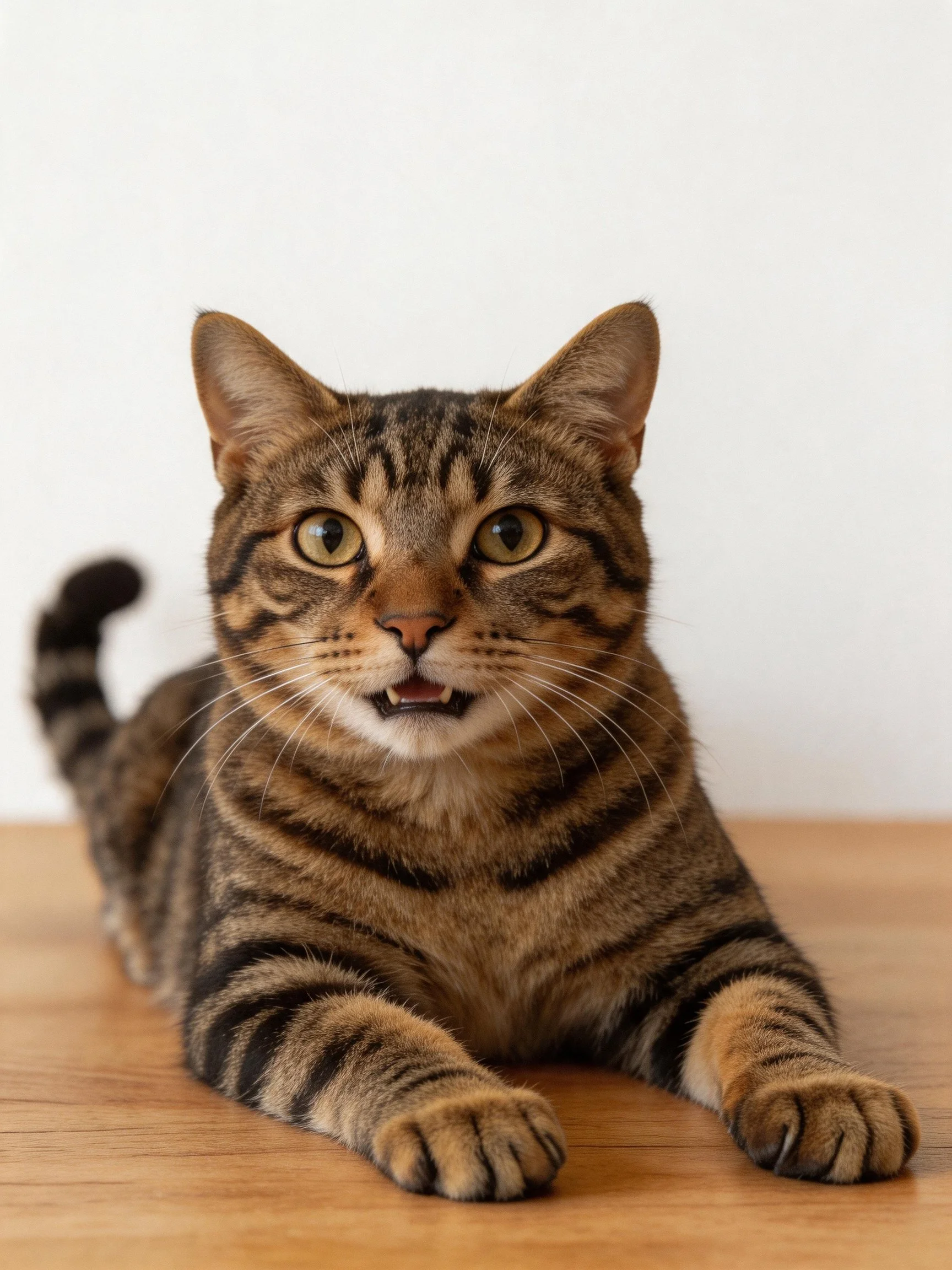 A brown and black striped tabby cat relaxes on a wooden surface.