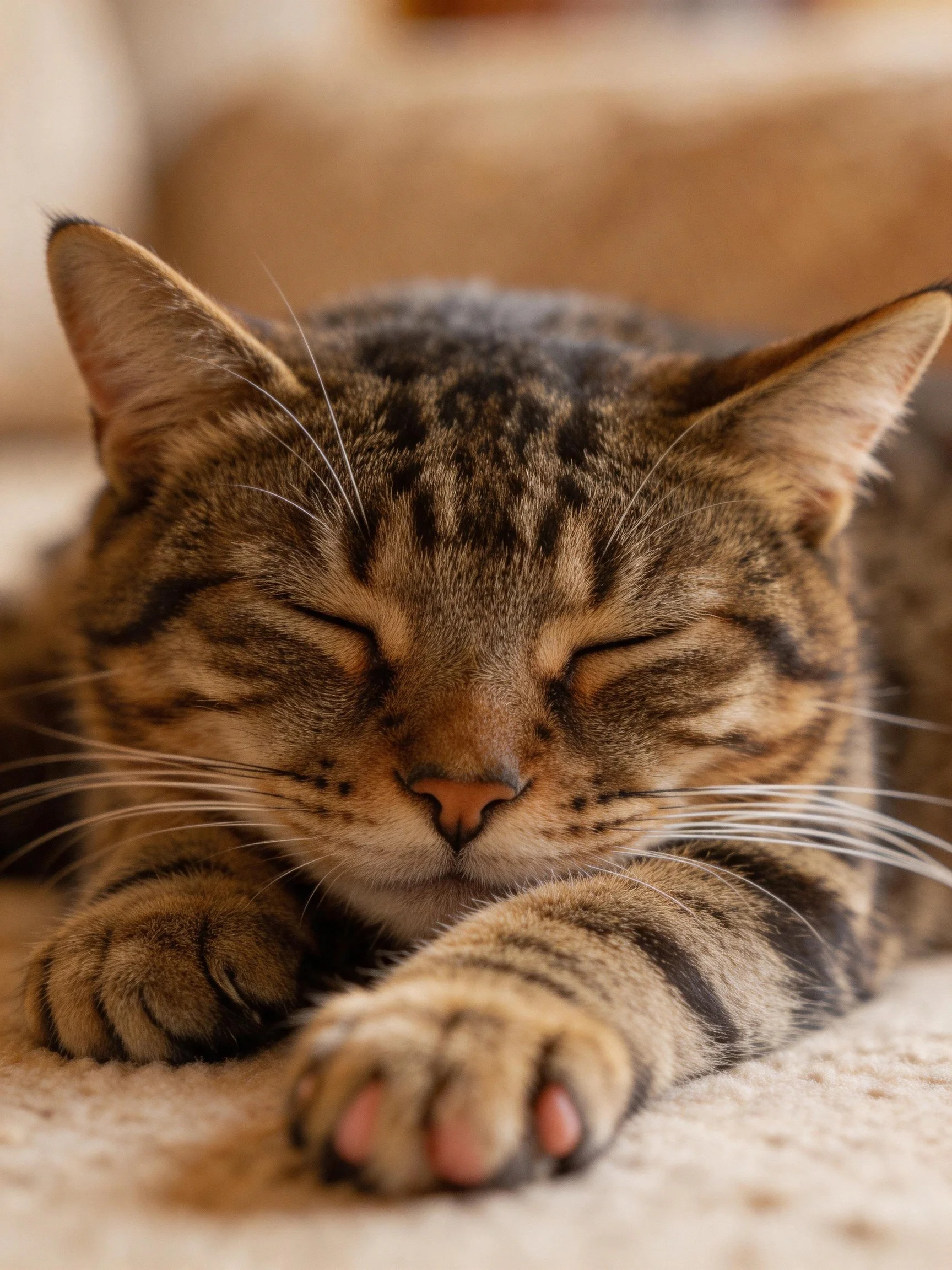 A tabby cat sleeps soundly with closed eyes on a soft surface
