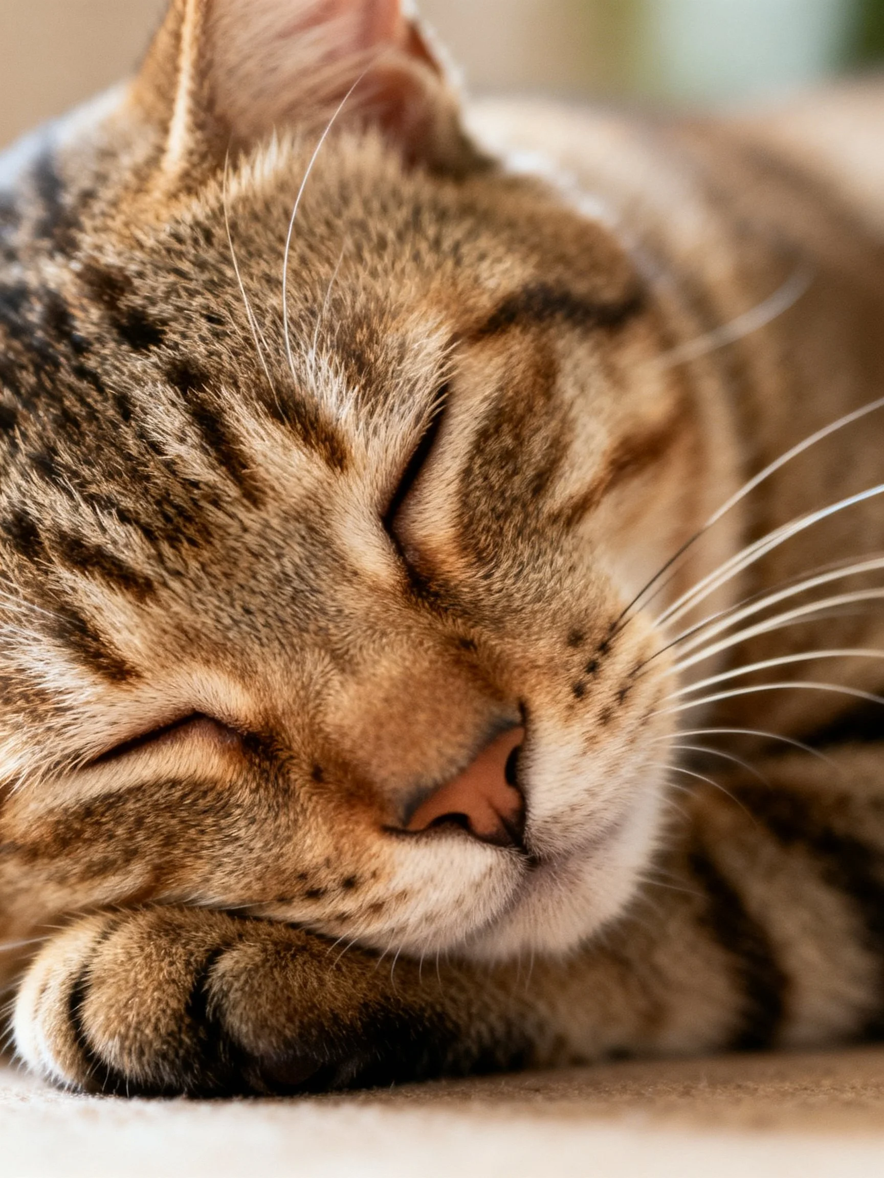 A brown and black striped tabby cat rests peacefully with closed eyes