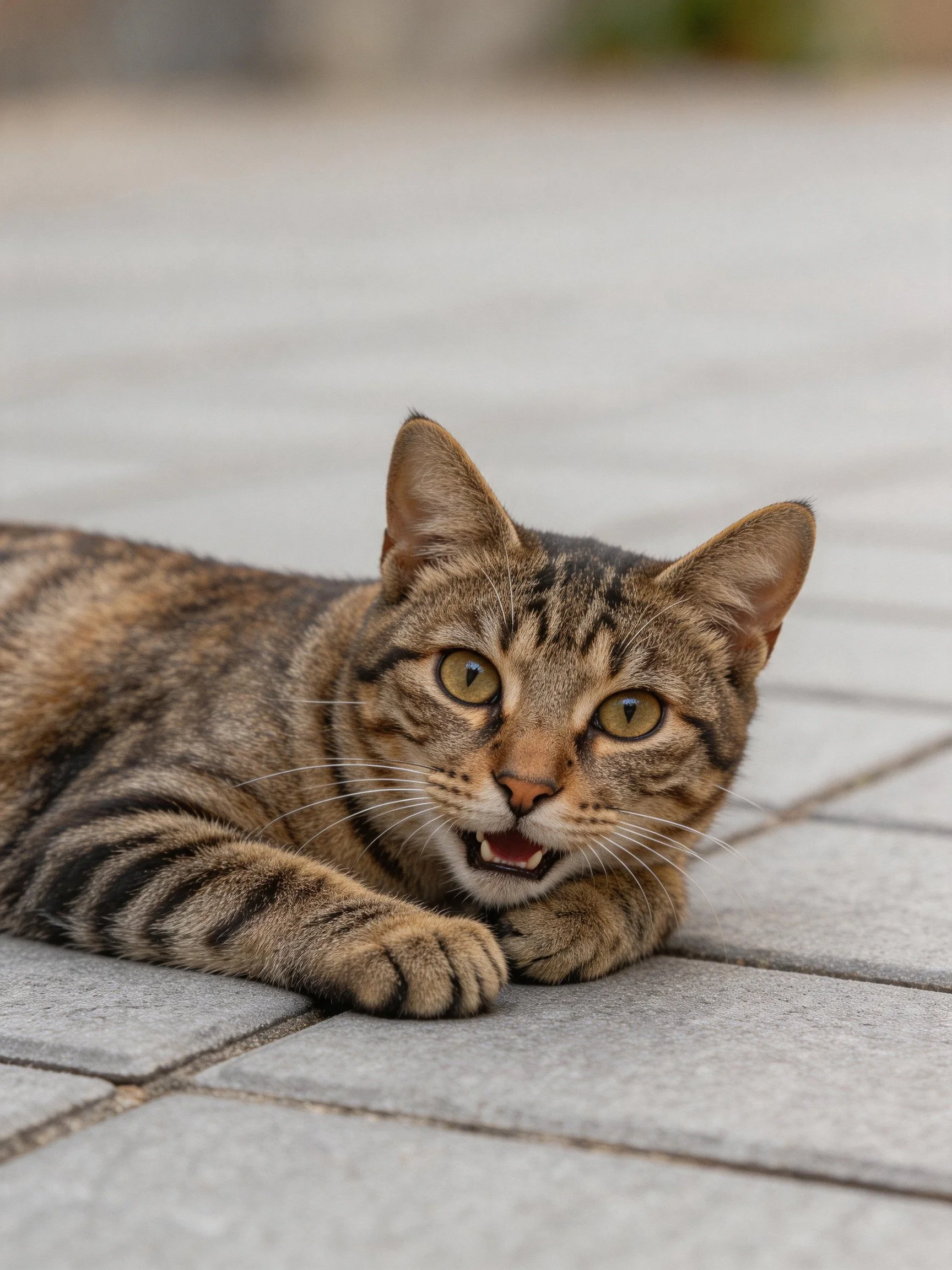 A tabby cat rests on gray pavement tiles.