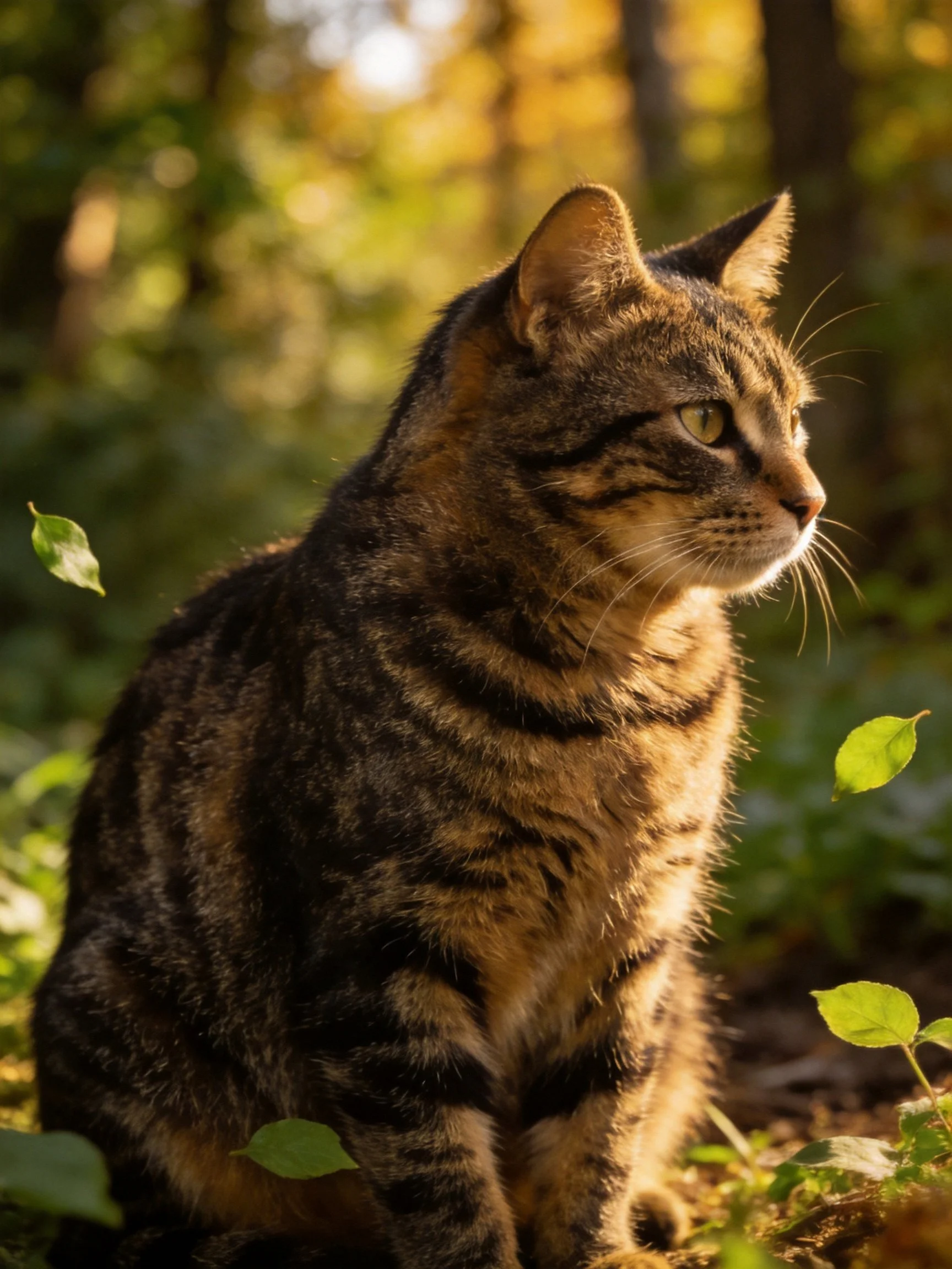 A tabby cat with brown and black stripes sits in a sunlit forest