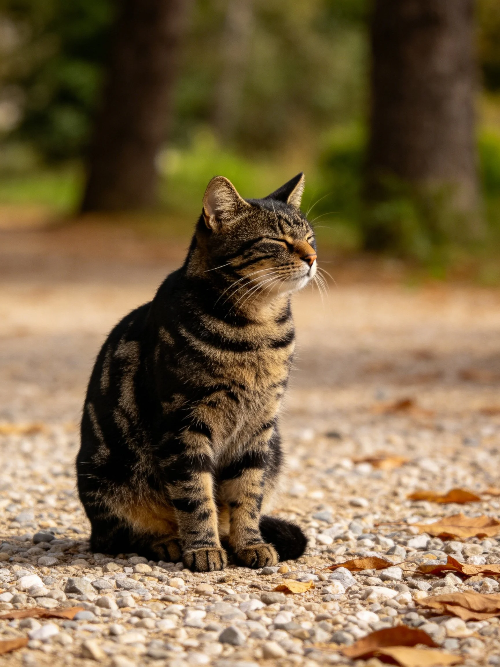 A tabby cat relaxes on a gravel path amidst autumn leaves and trees.