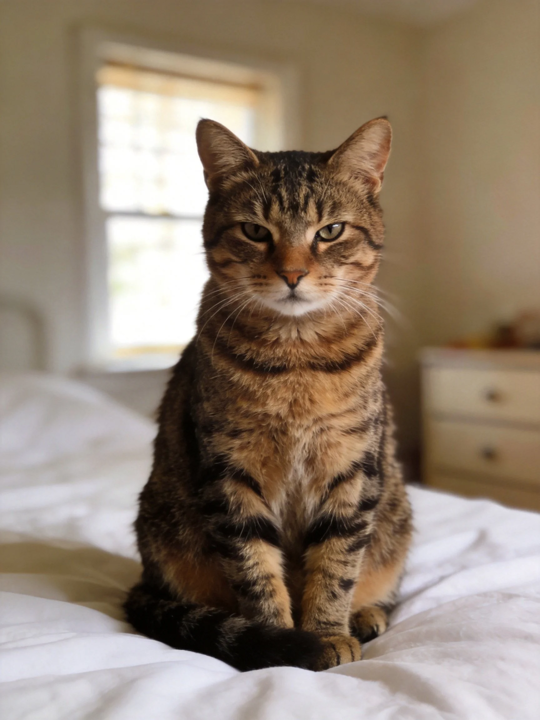 A brown and black tabby cat sits calmly on a white bed in a softly lit room.