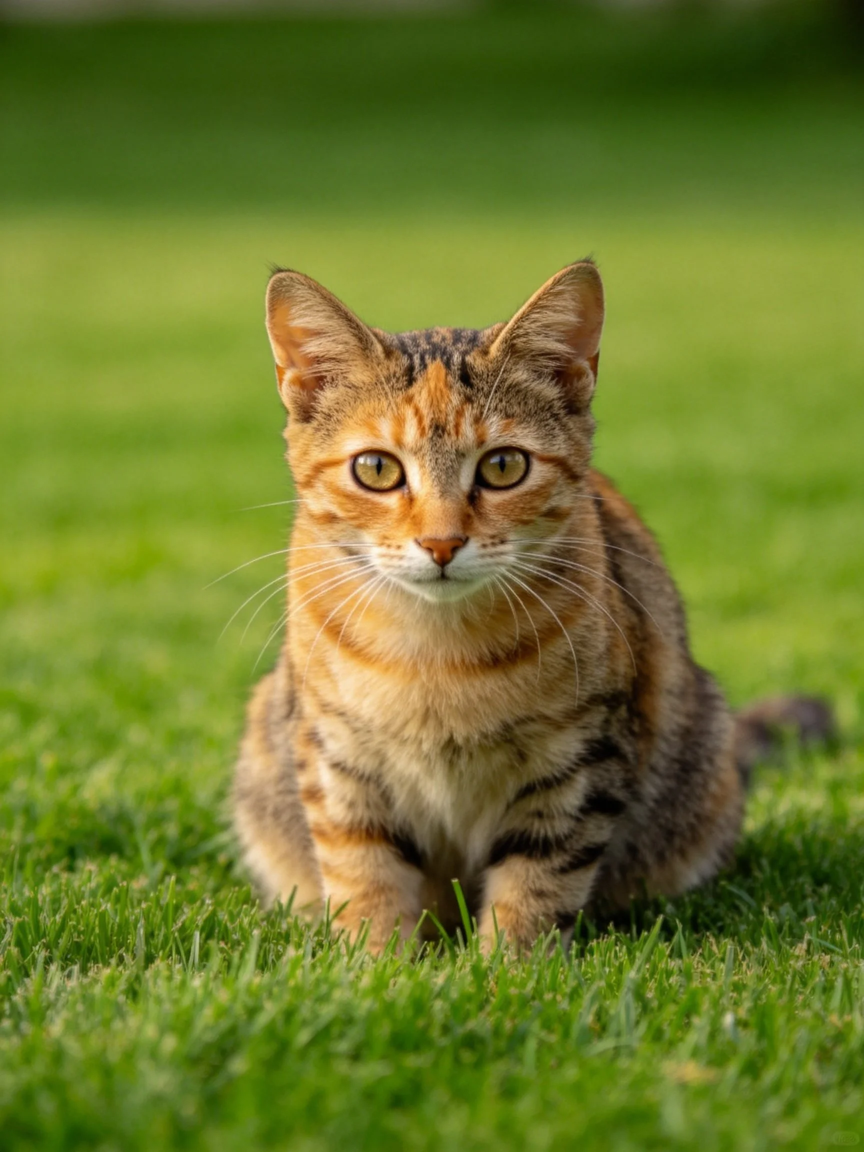 A brown and black tabby cat sitting on lush green grass