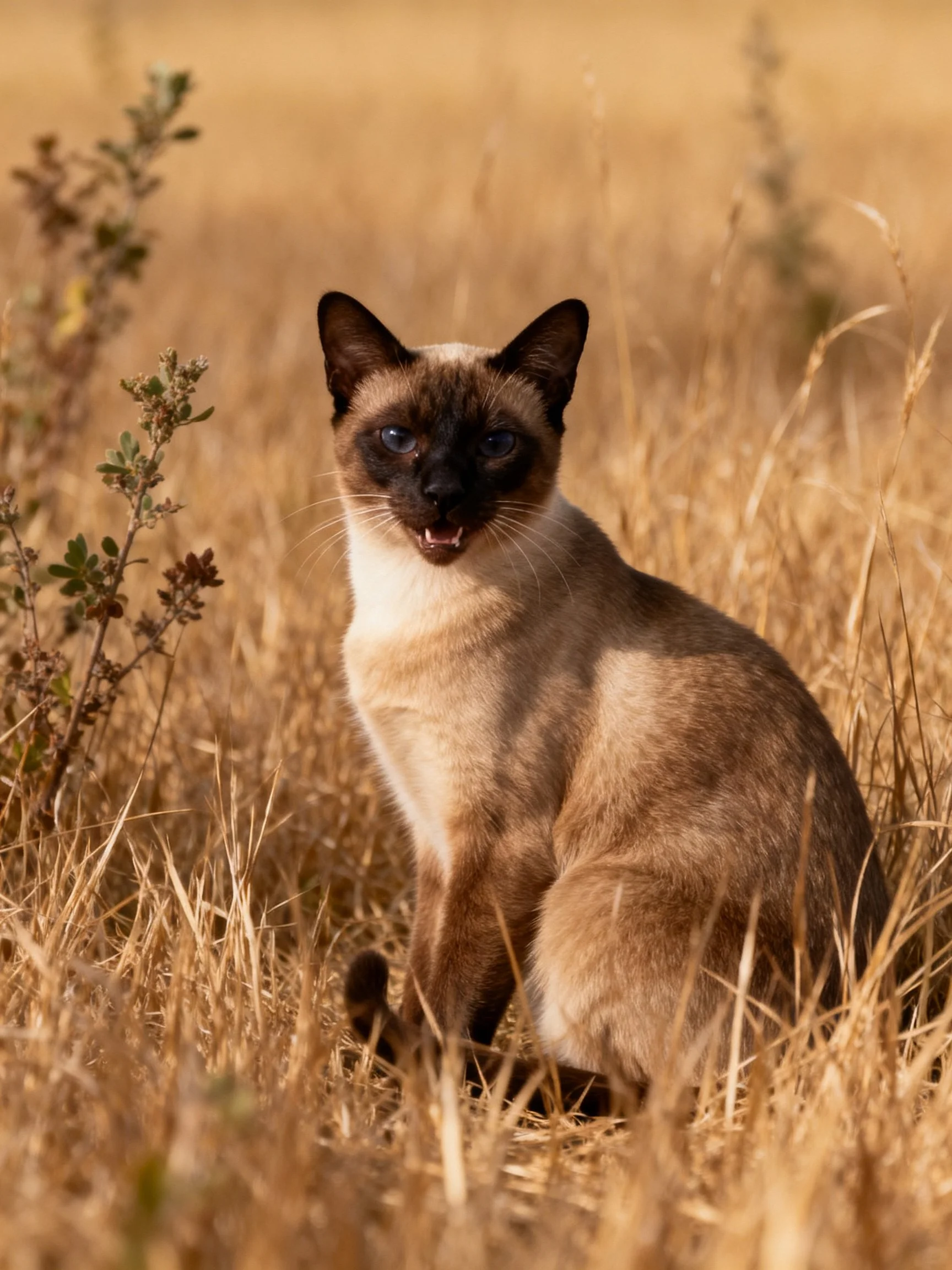 A brown and cream cat sits in golden grassy field with shrubs