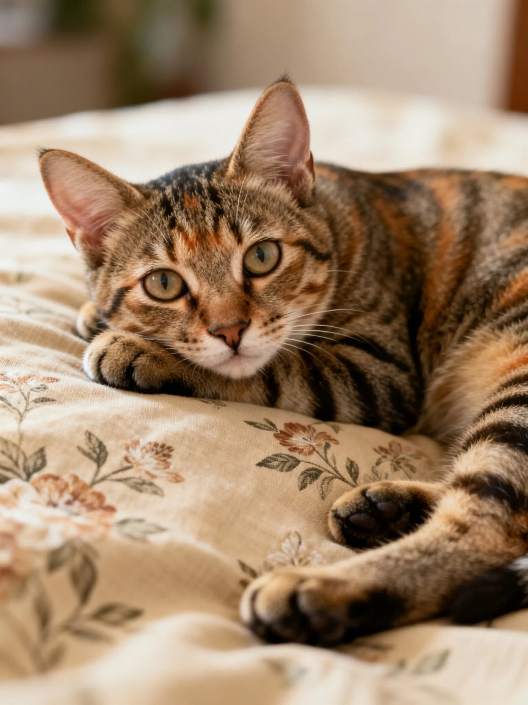A brown and orange tabby cat lounges on a floral-patterned bedspread
