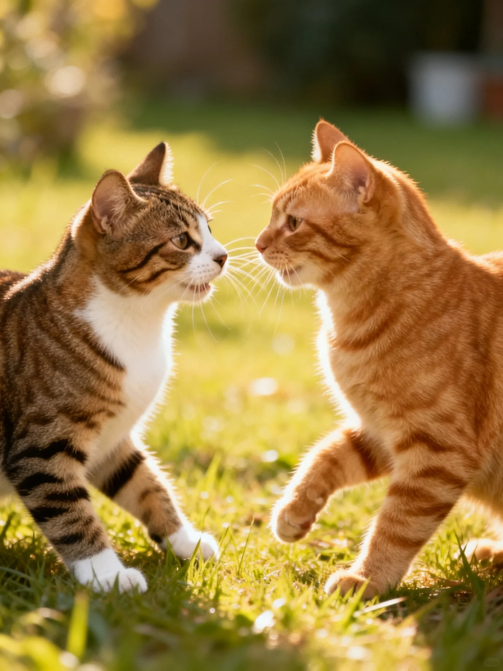 Two tabby cats engage closely in a sunlit outdoor scene.