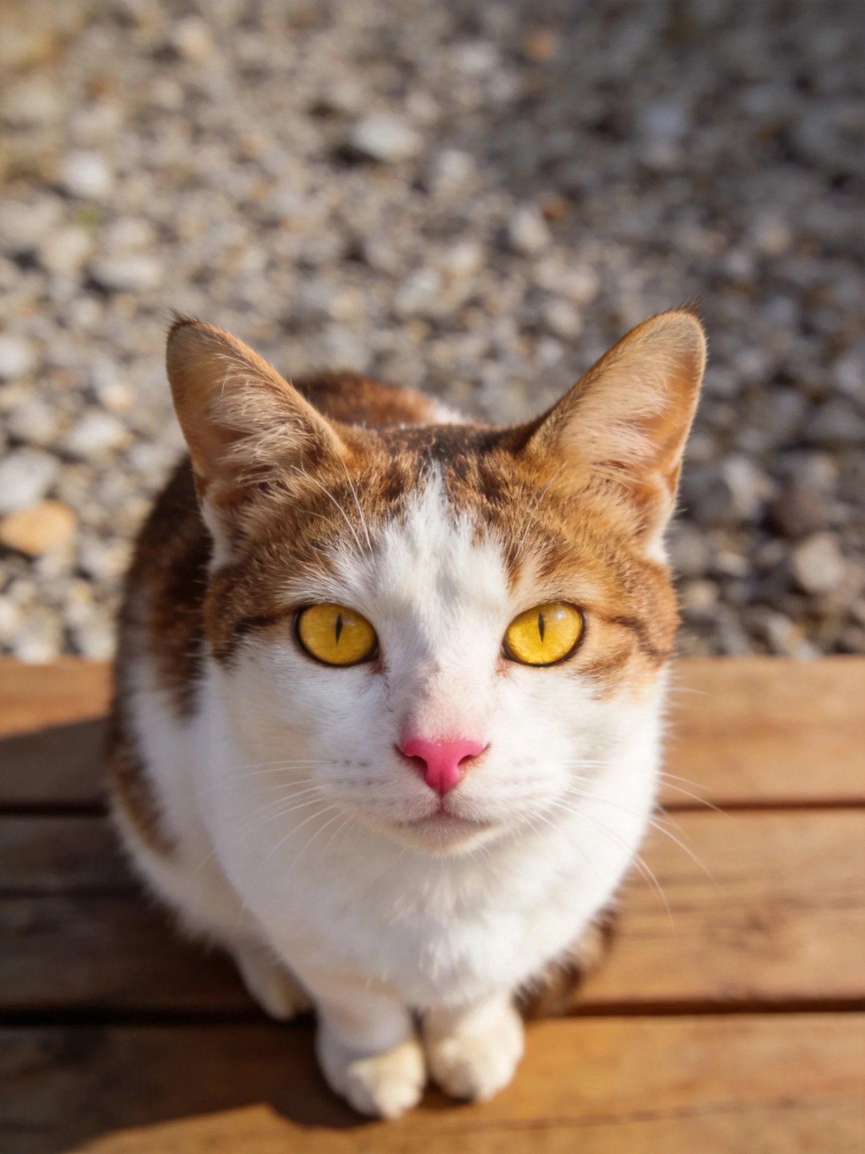A calico cat with golden eyes sits on wood near gravel.