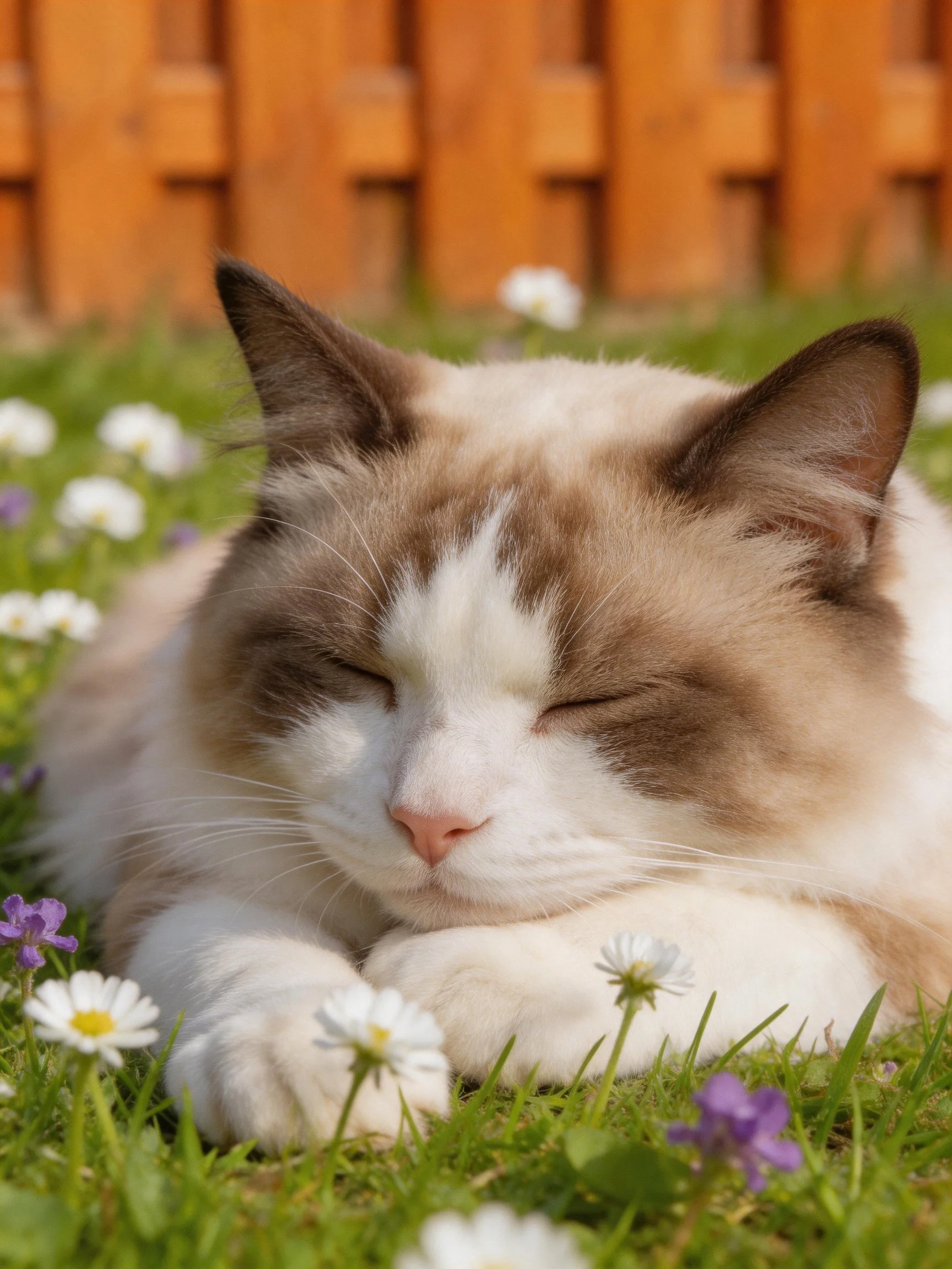 A brown-and-white cat naps among daisies and small purple flowers
