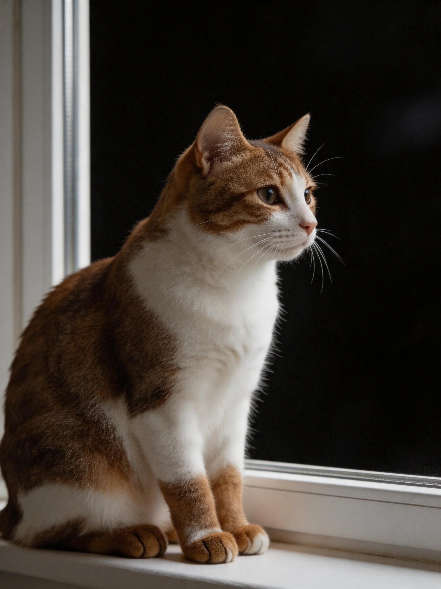 A brown and white cat sits quietly beside a window with contrasting light and darkness.