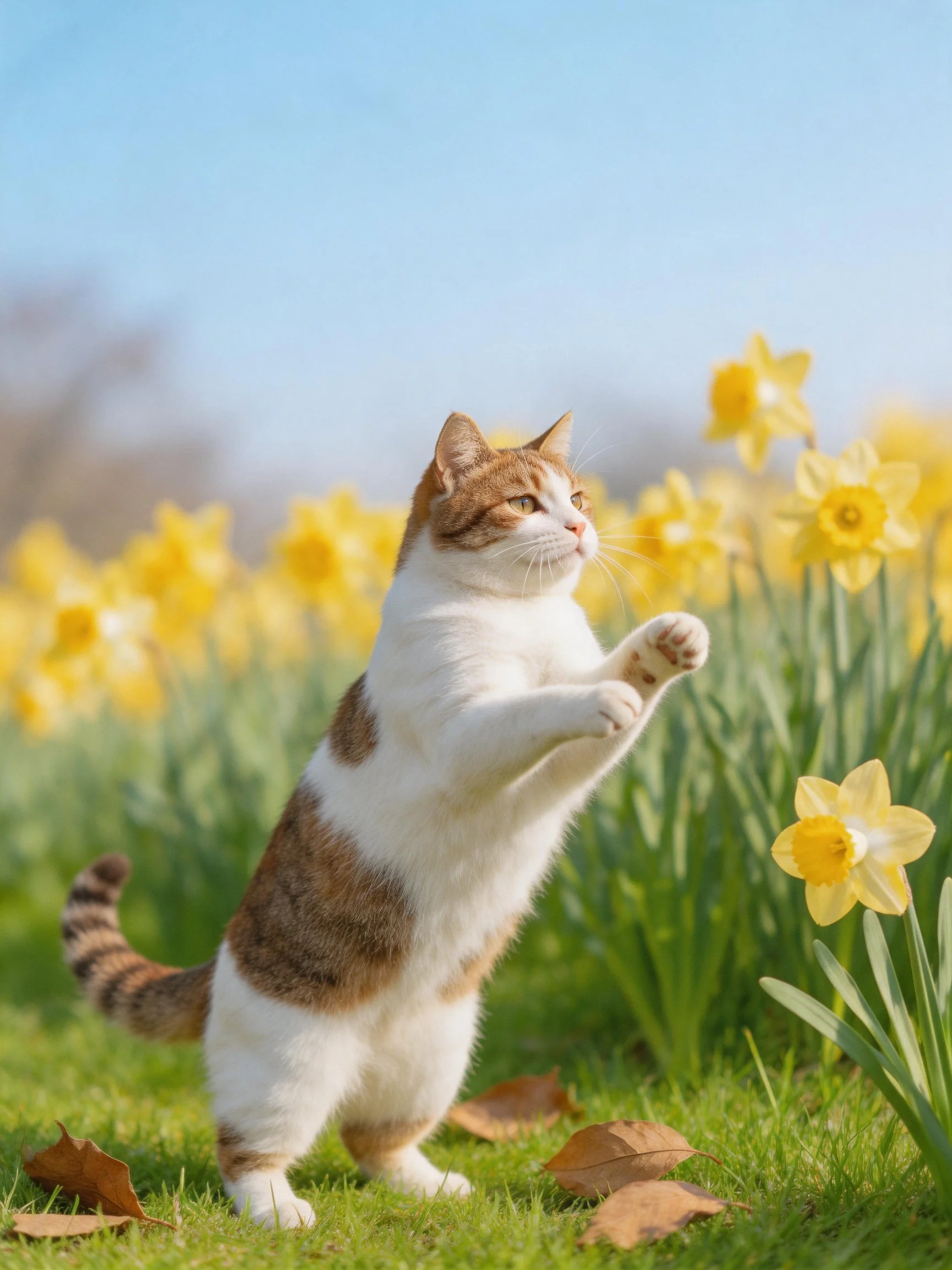 A brown-and-white cat reaches toward yellow daffodils on green grass