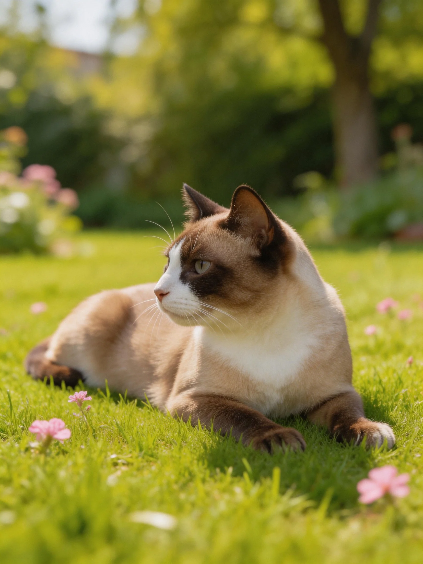 A brown-and-white cat lies calmly on green grass near pink blooms.