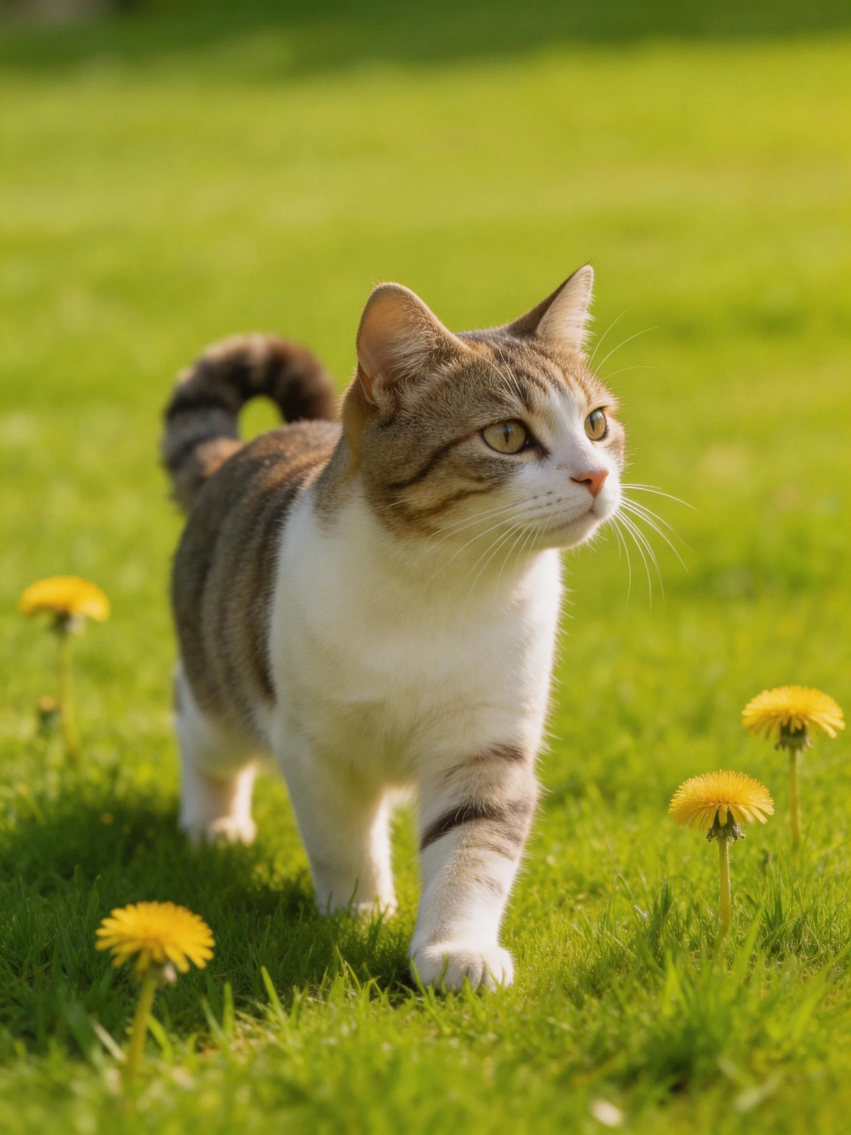 A brown-and-white cat explores a sunlit grassy area with yellow dandelions.