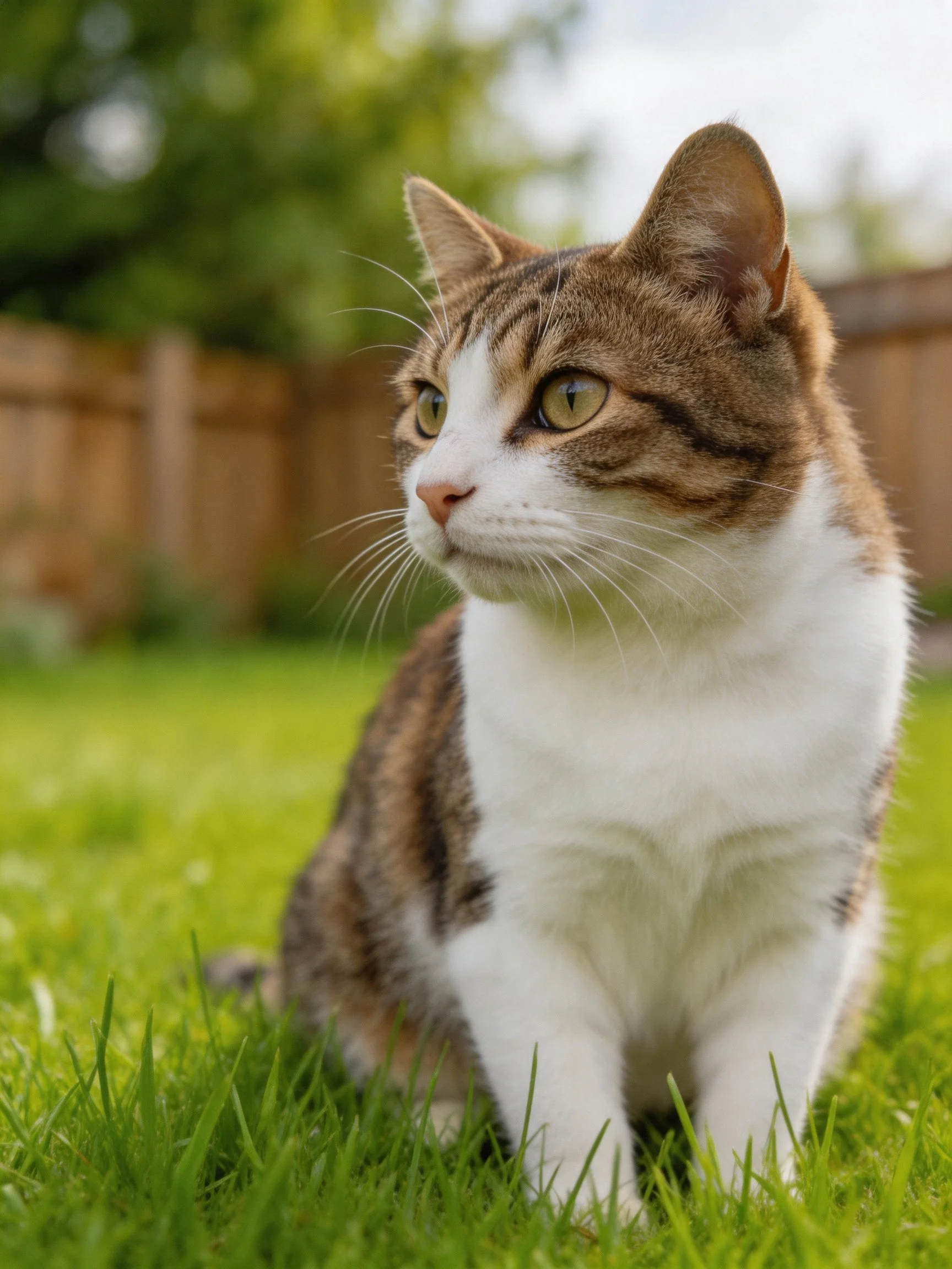 A brown and white cat sits alertly on vibrant green grass