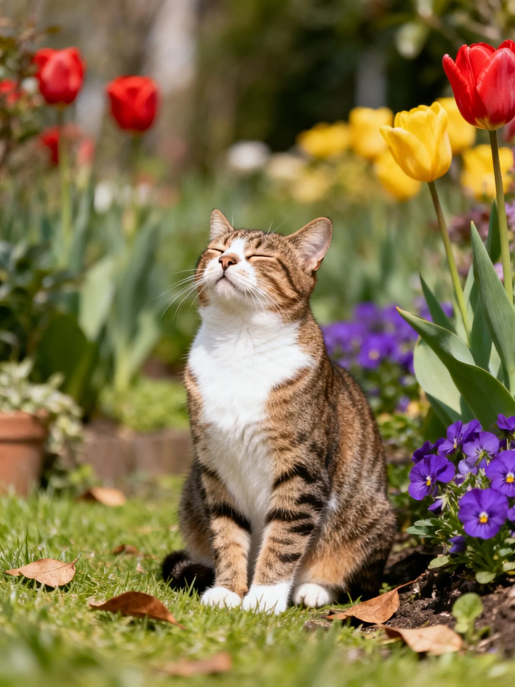 A cat relaxes in a sunlit garden filled with colorful blooms