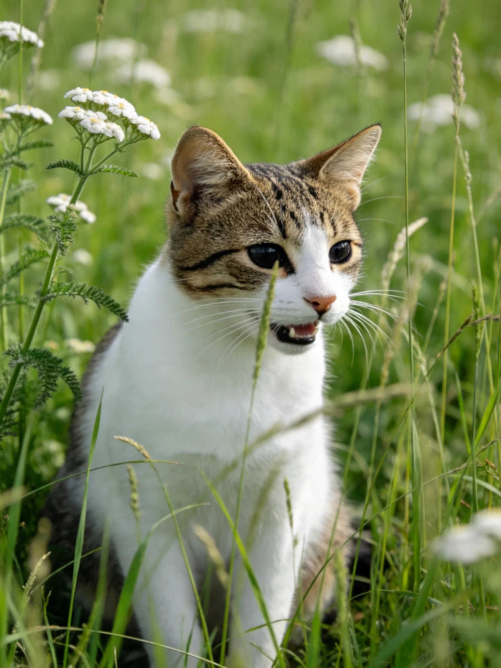 A brown-and-white cat is nestled among lush green grass and small white flowers.