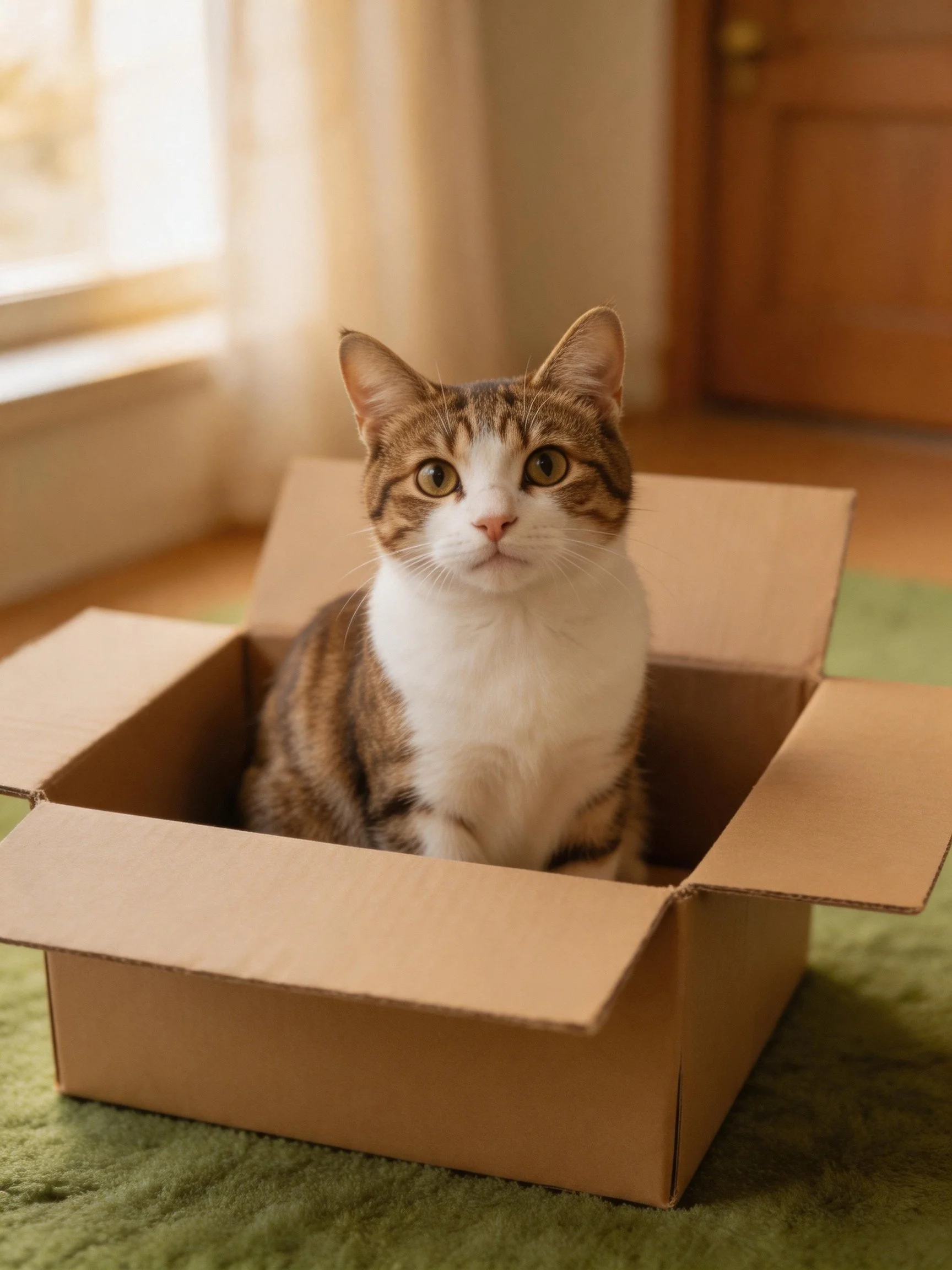 A brown and white cat sits inside an open cardboard box