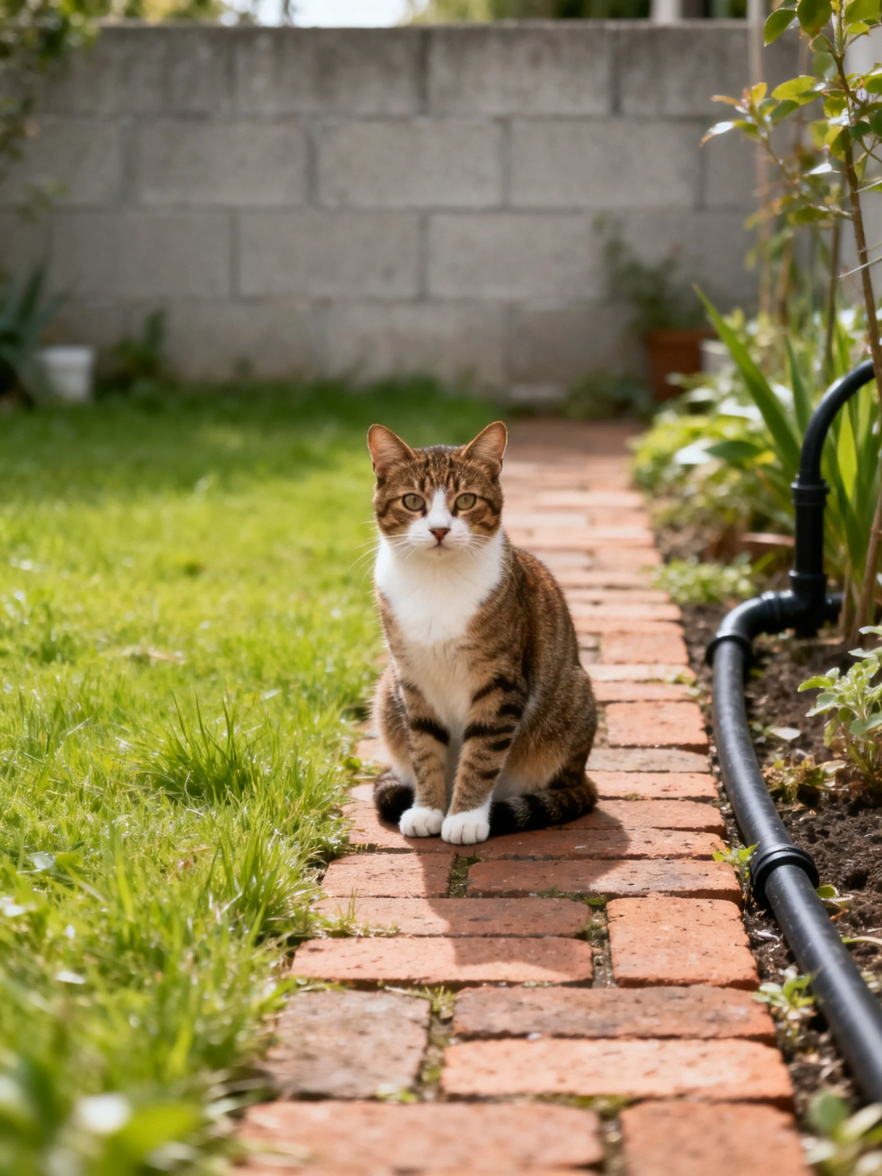 A brown and white cat sits on a brick pathway in a sunny garden.