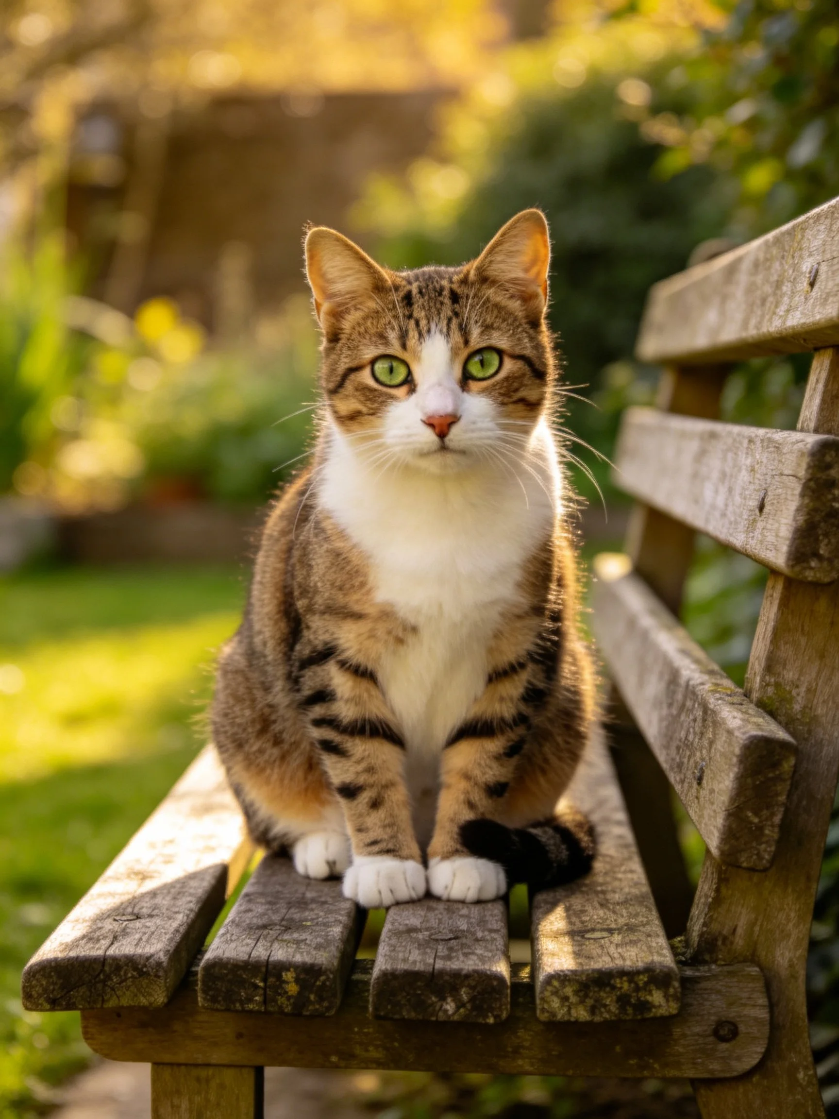 A brown and white cat sits on a weathered wooden bench in a sunlit garden