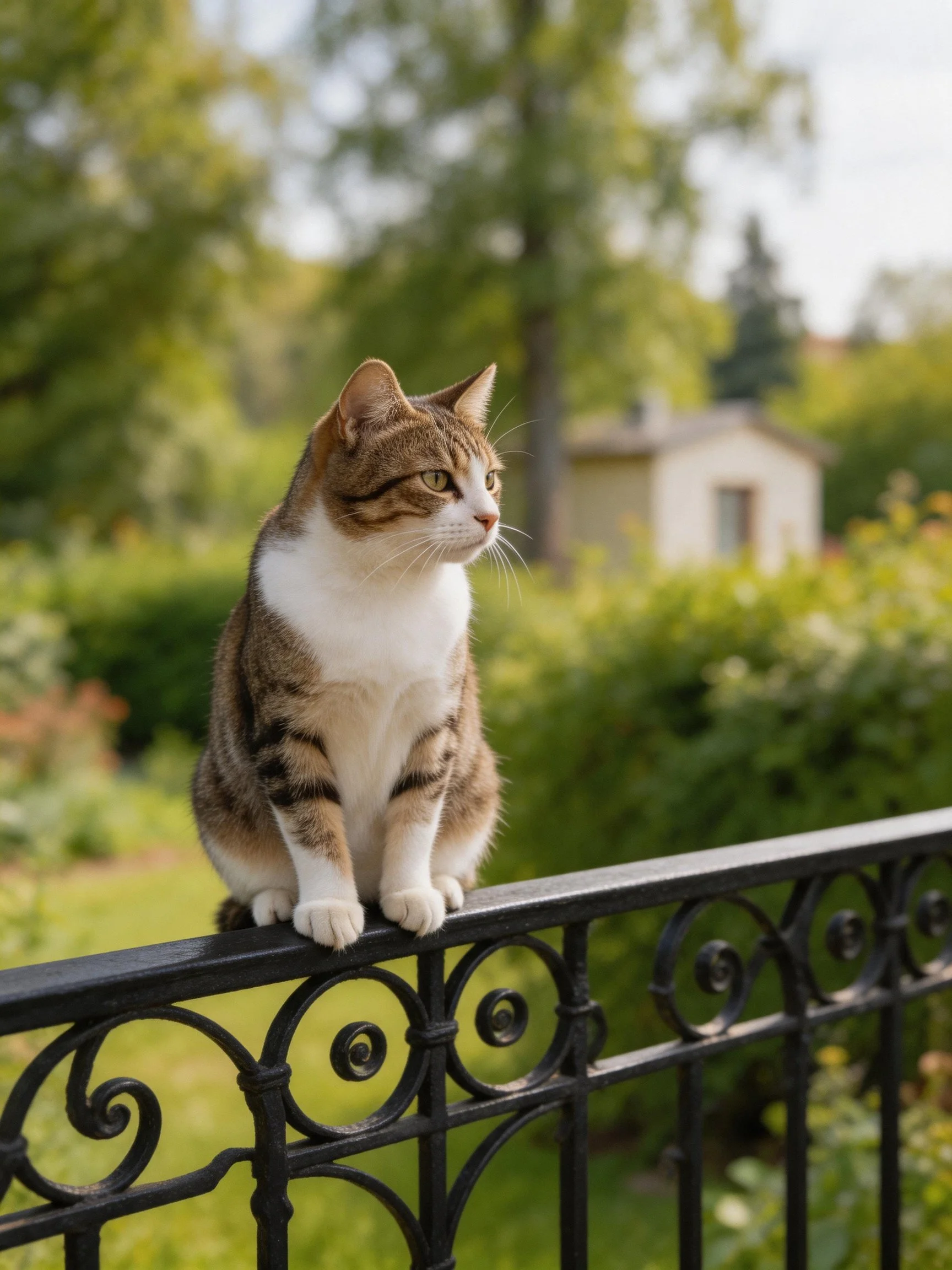 A brown and white cat perches on a black fence in a sunlit garden.