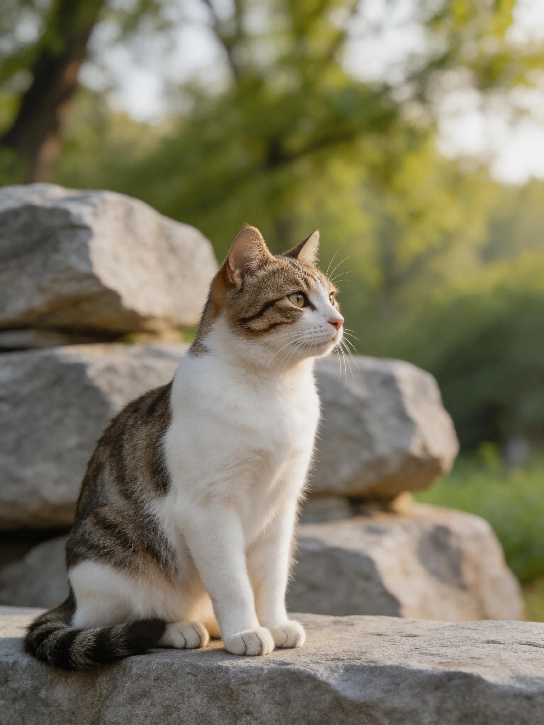 A brown-and-white cat rests on large gray stones amid lush greenery.