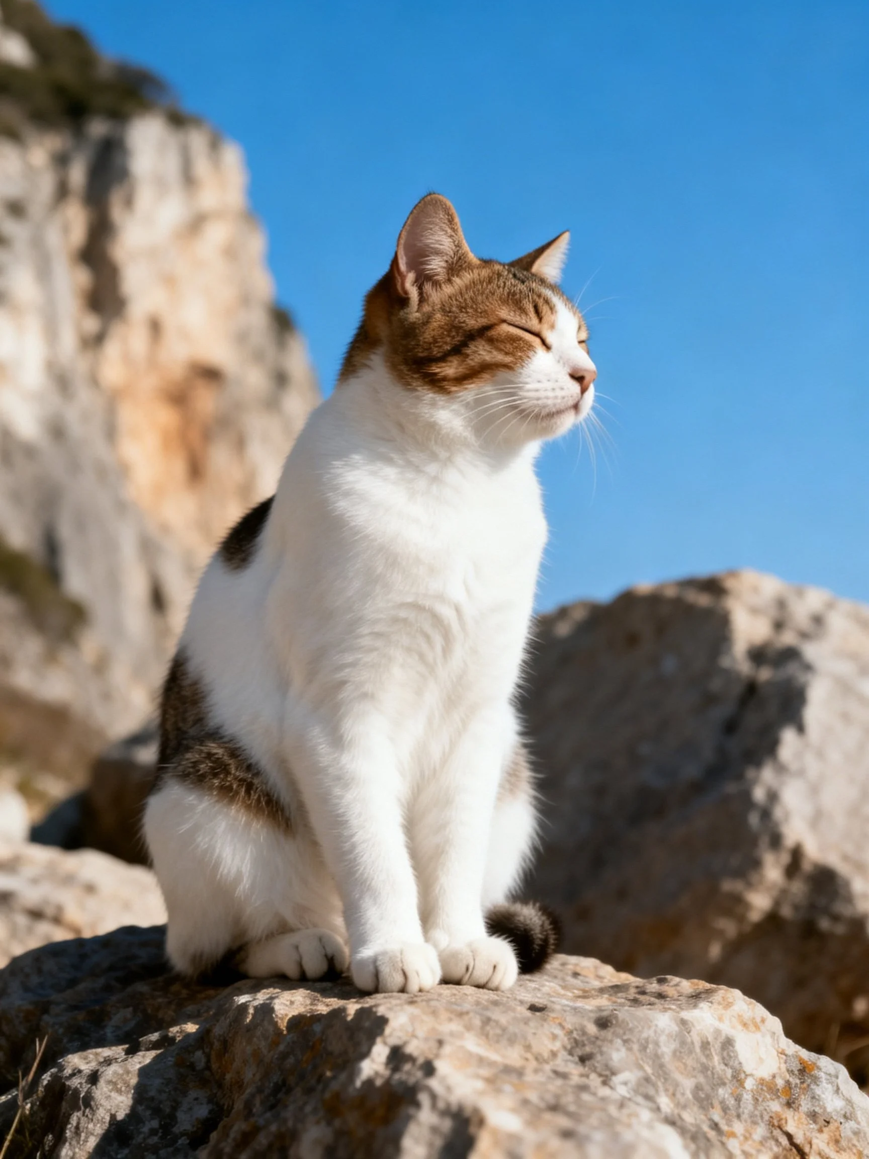 A brown-and-white cat sits calmly on rocks near cliffs under blue sky