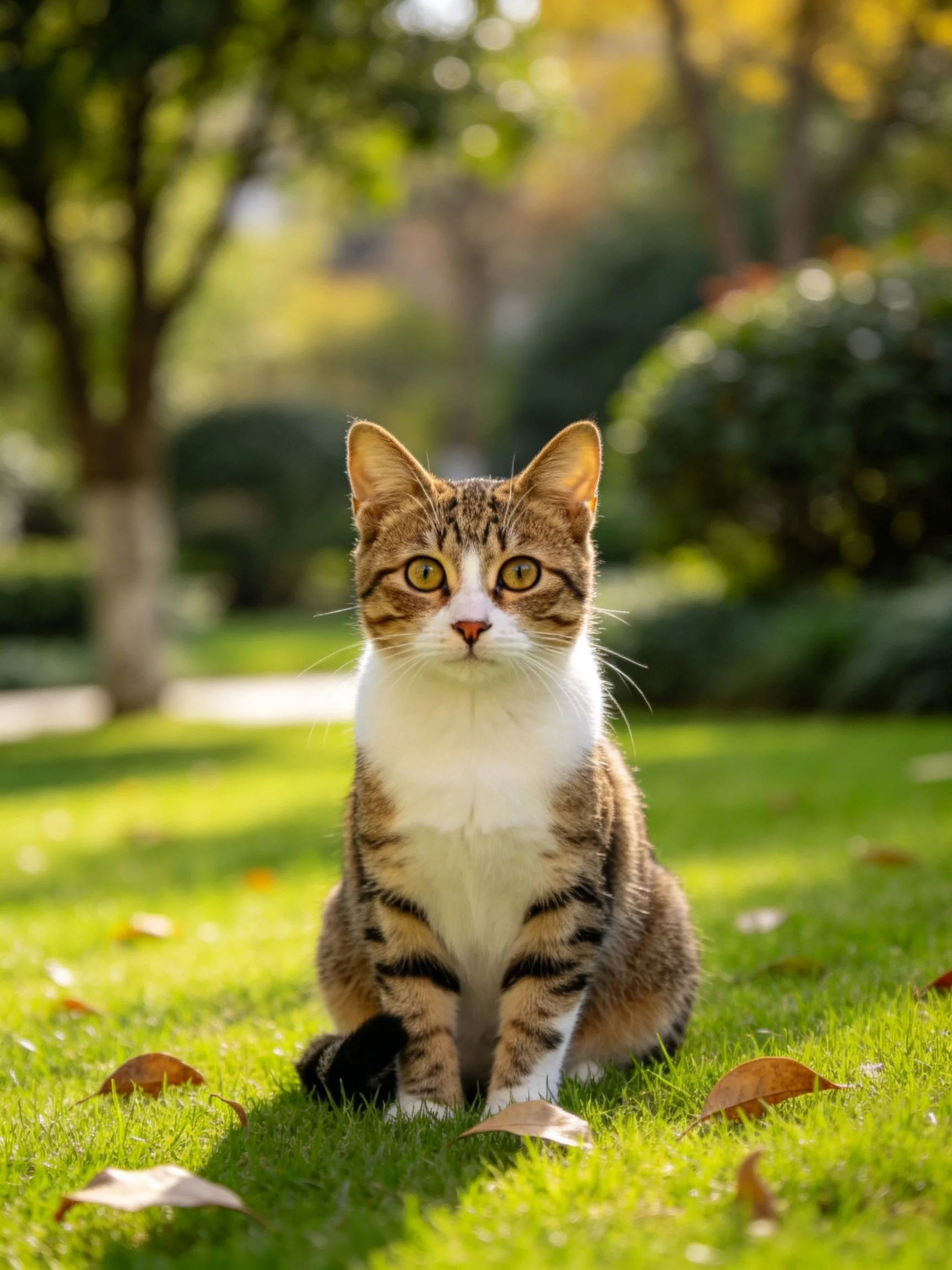 A brown and white cat sits on sunlit grass near trees and bushes