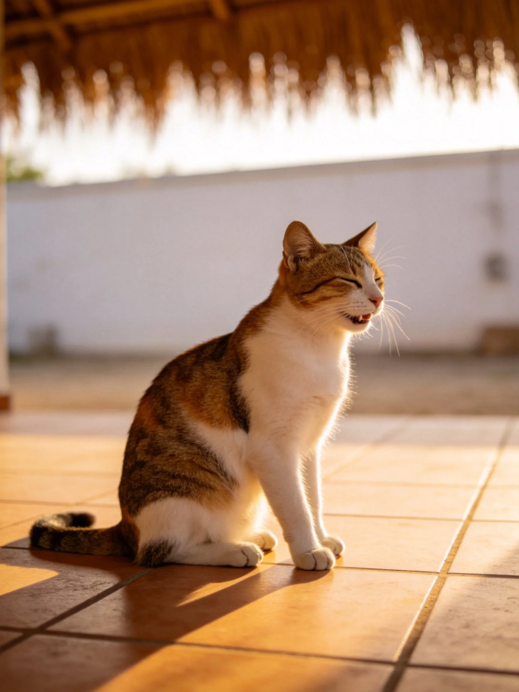 A brown and white cat sits on tiled flooring beneath a straw canopy
