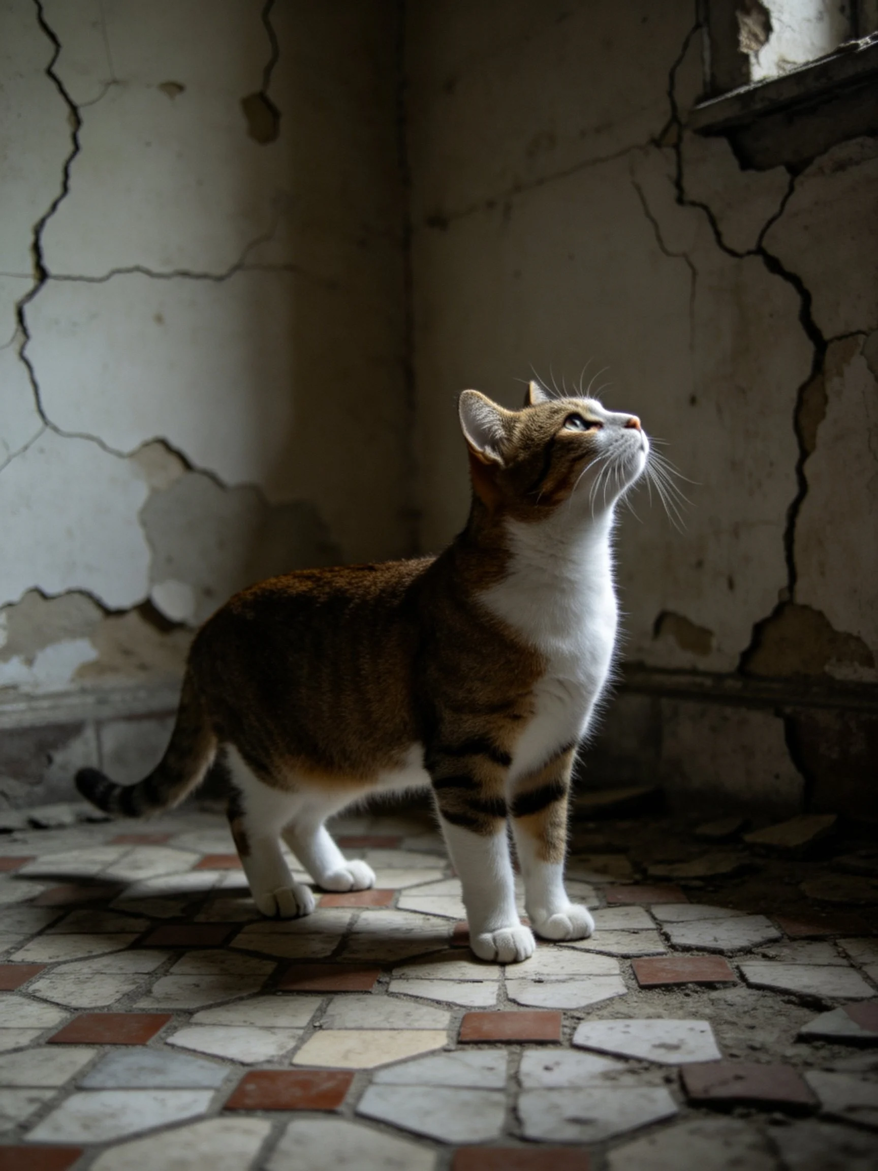A brown and white cat stands in a room with cracked walls