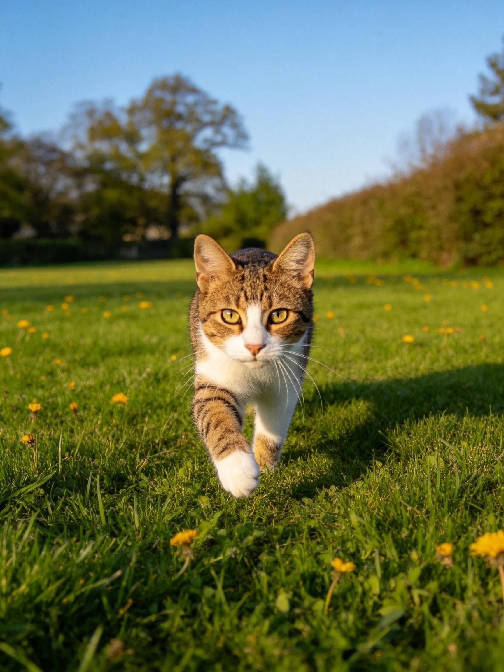 A brown and white cat strides across a grassy field with yellow flowers