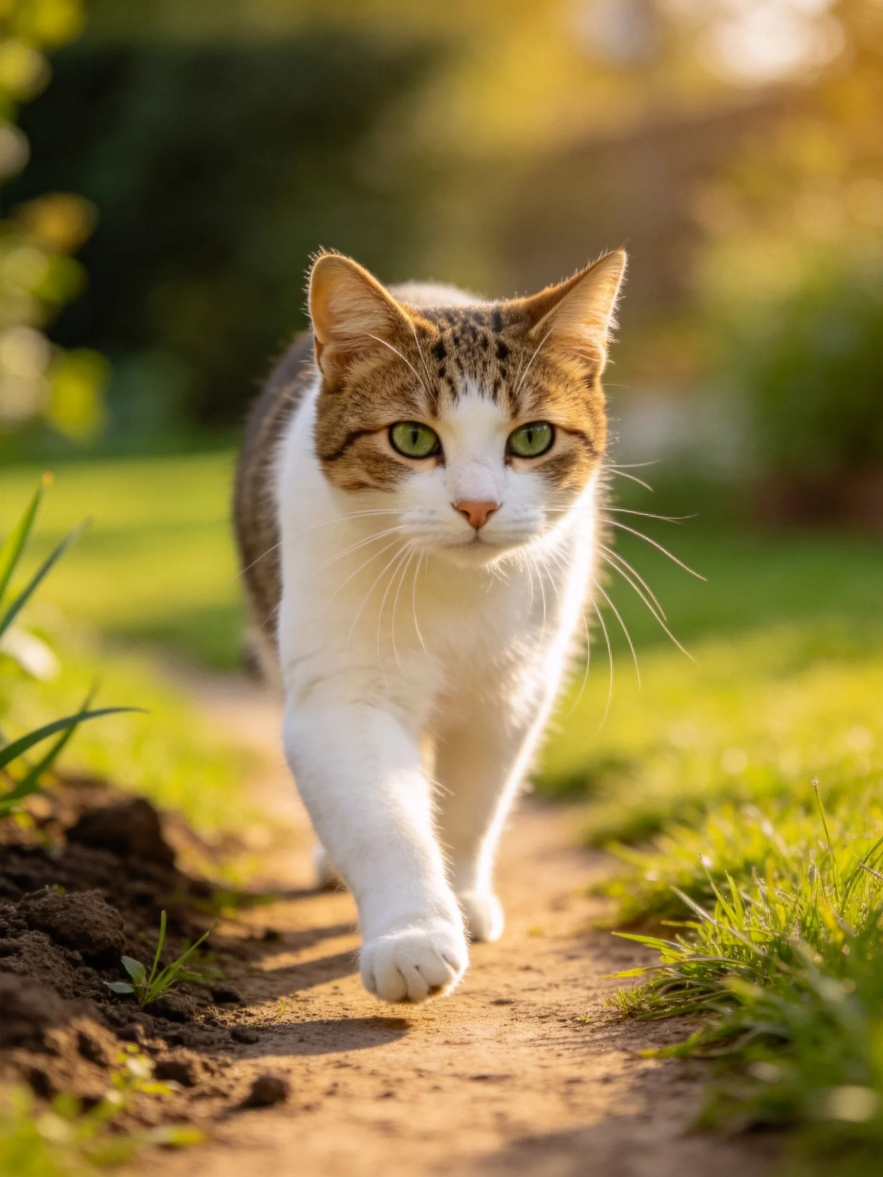 A brown and white cat walks along a sunlit dirt path