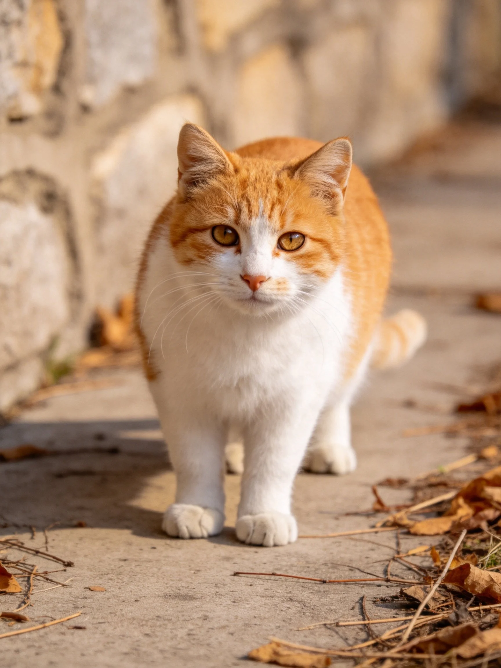 A brown and white cat walks on a stone path with fallen leaves