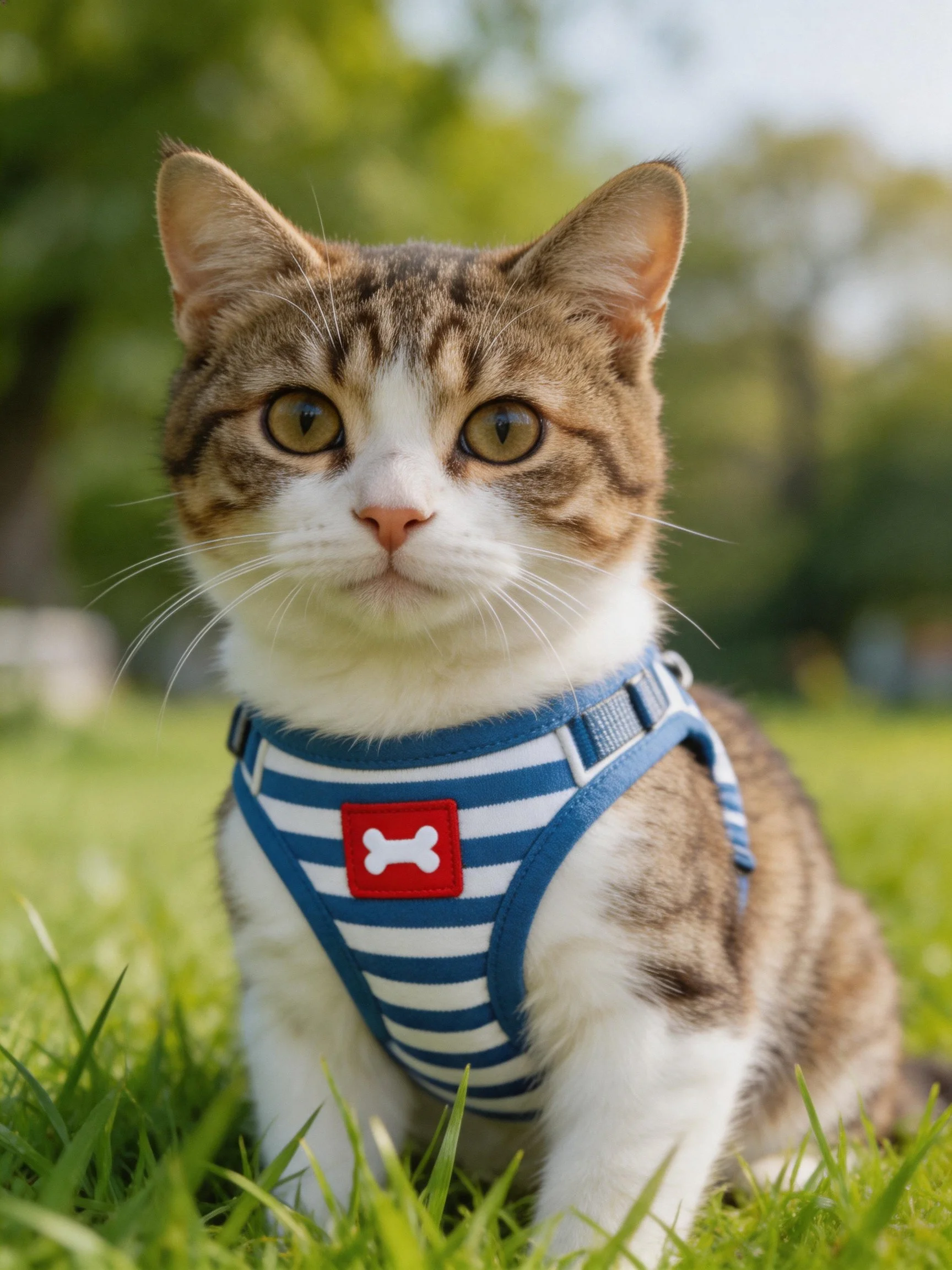 A brown and white cat wears a blue striped harness on green grass