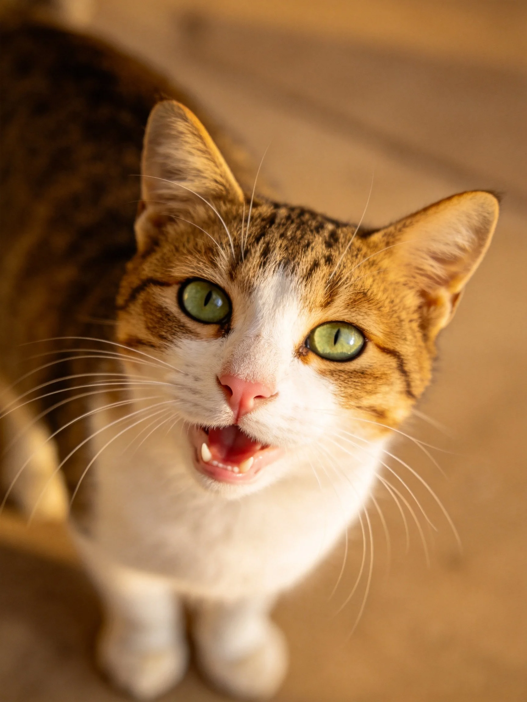 A brown and white cat with bright green eyes gazes upward