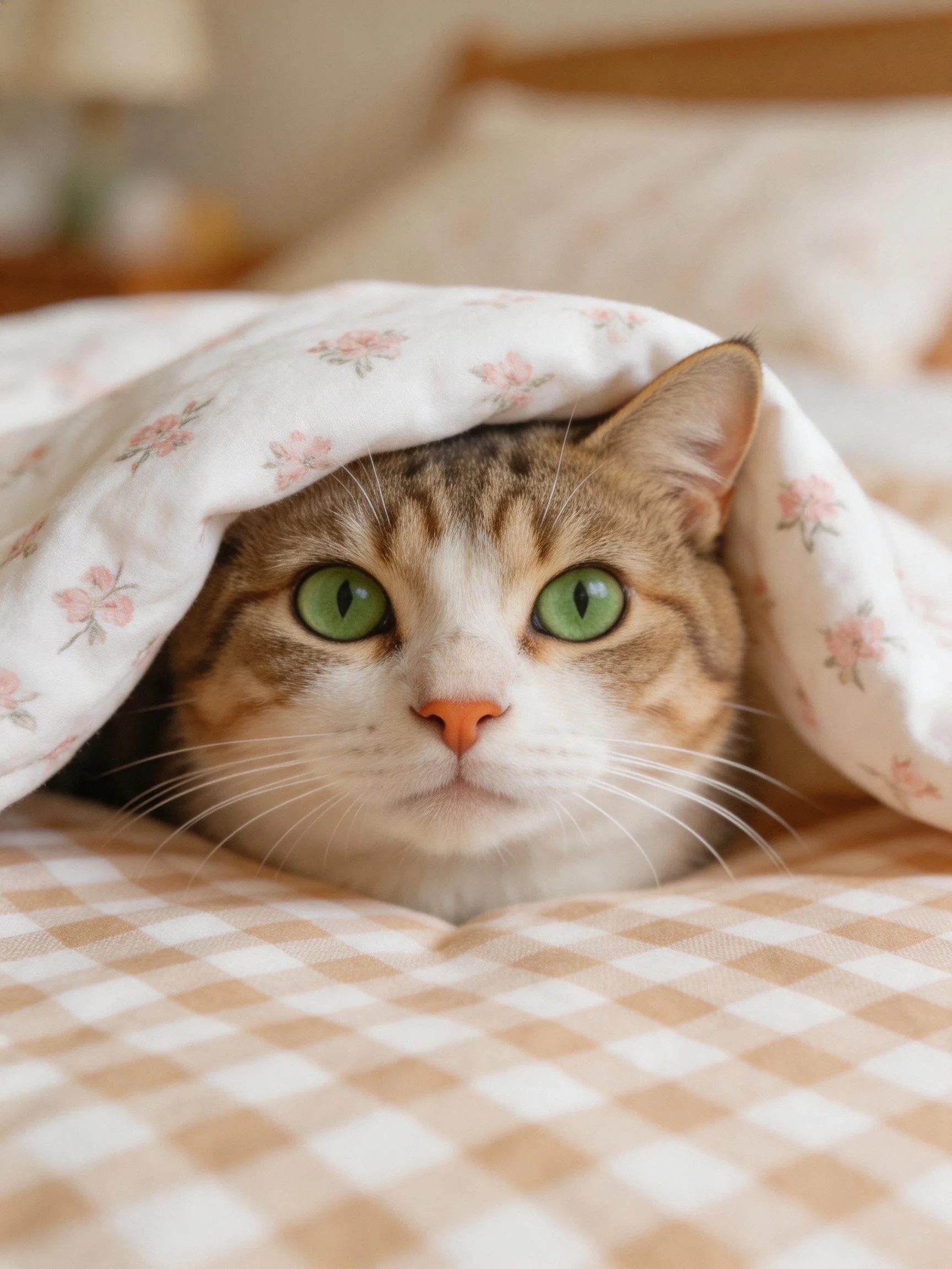 A brown and white cat with green eyes peeks from under a floral blanket