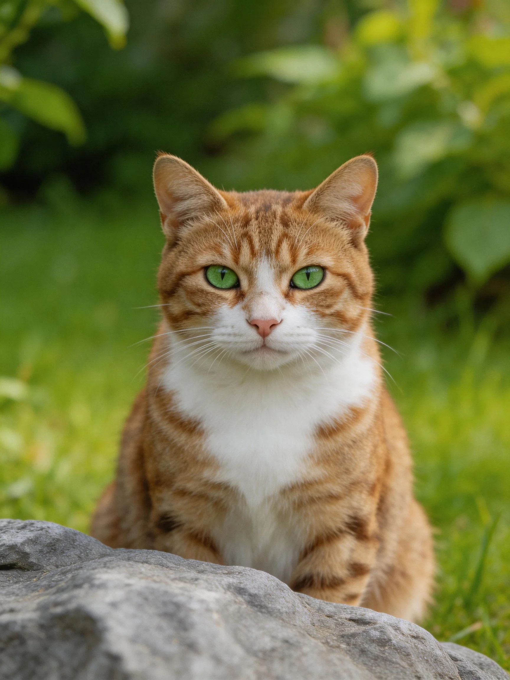 An orange-and-white cat with green eyes rests near a rock amid greenery.