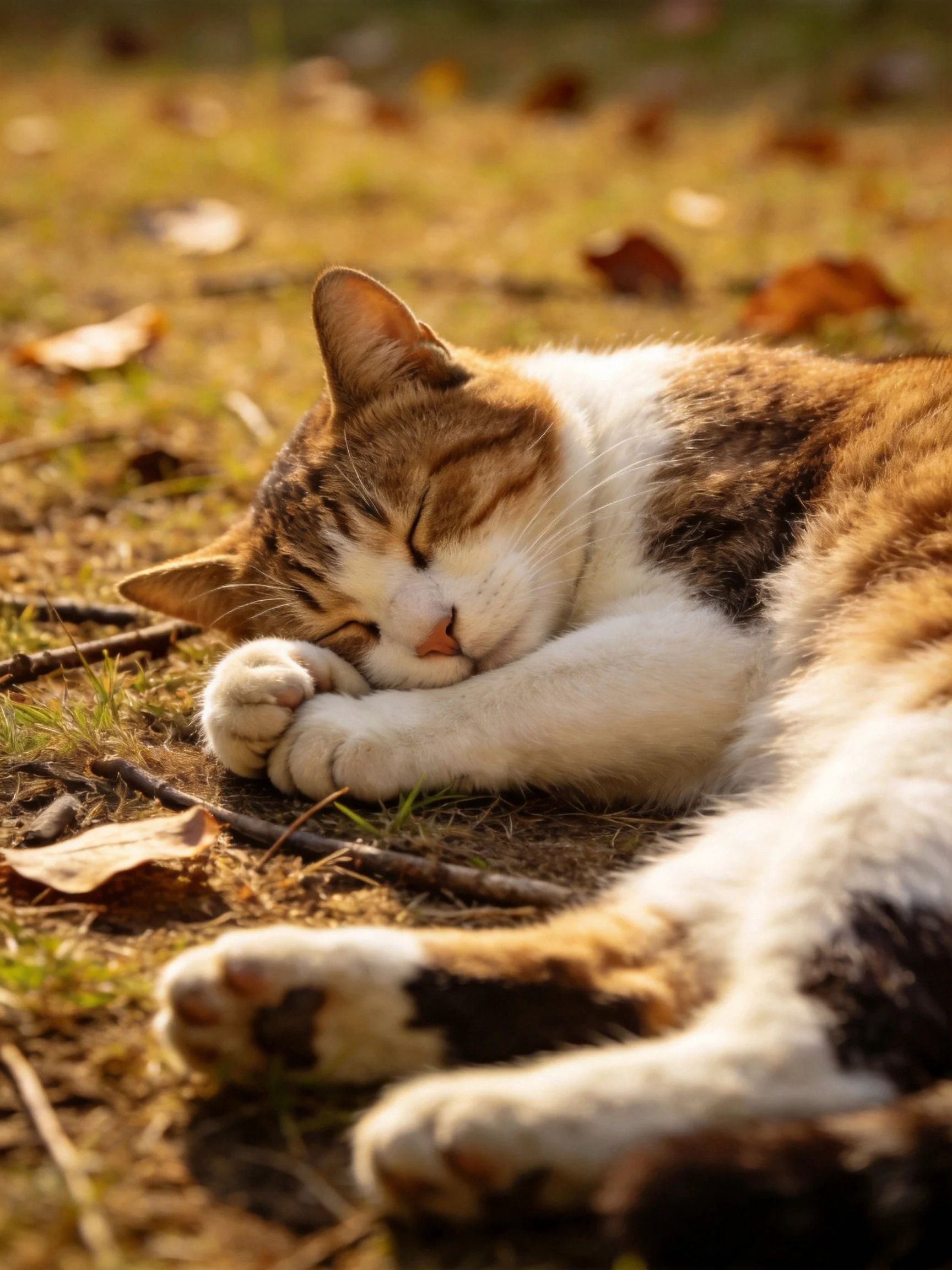 A brown and white cat sleeps on sunlit grass surrounded by fallen leaves.