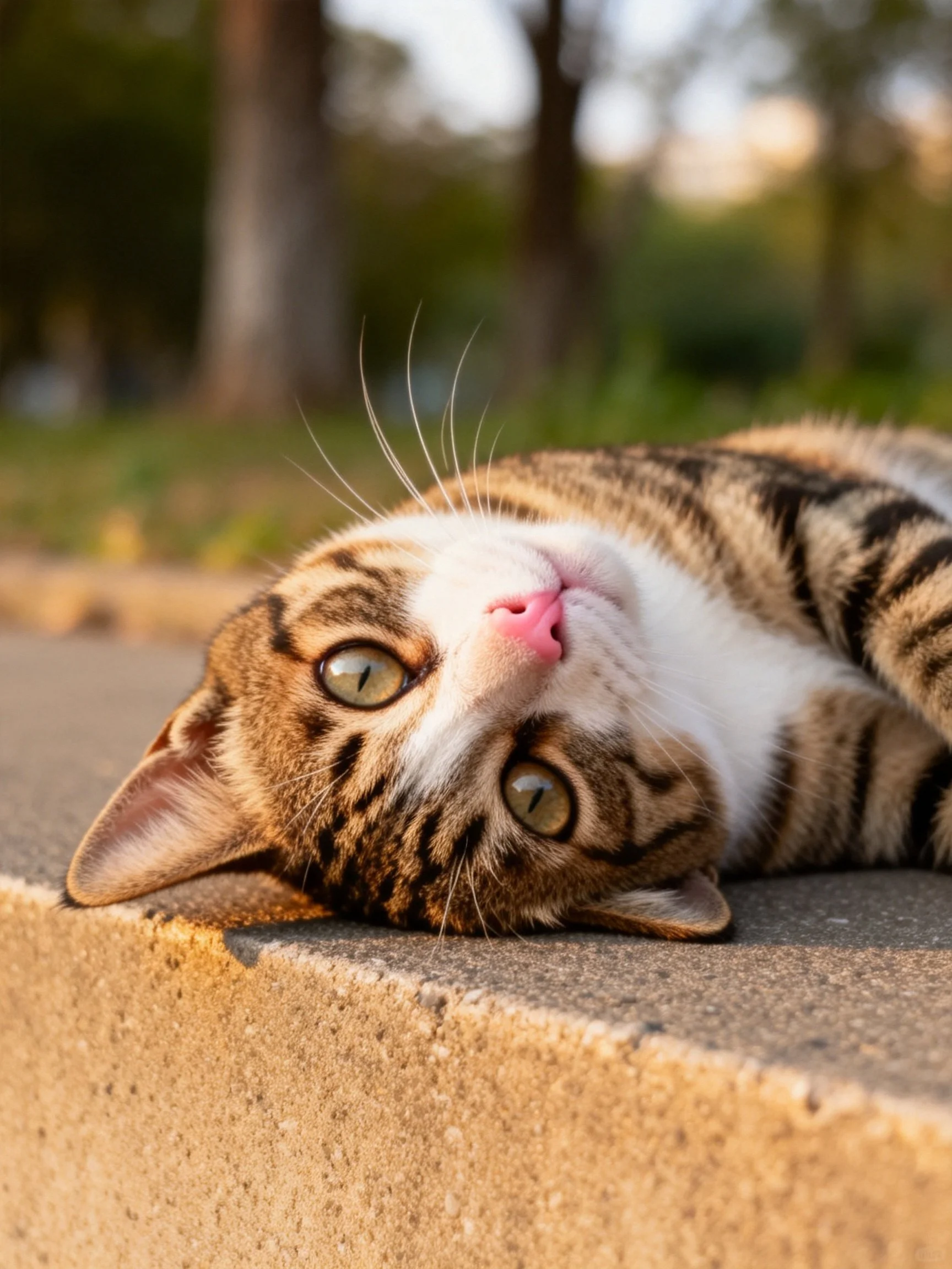 A brown and white striped cat resting on a concrete ledge